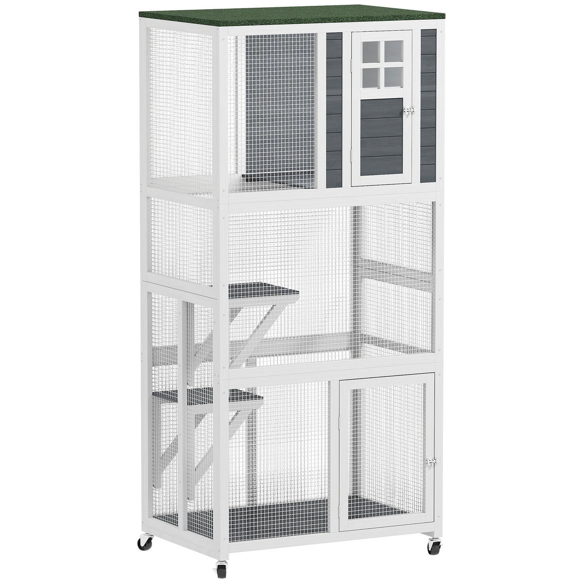 PawHut 74" Wooden Catio Outdoor Cat Enclosure Weatherproof & Wheeled, Outside Cat House with High Weight Capacity, Kitten Cage Condo, White