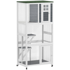 PawHut 74" Wooden Catio Outdoor Cat Enclosure Weatherproof & Wheeled, Outside Cat House with High Weight Capacity, Kitten Cage Condo, White
