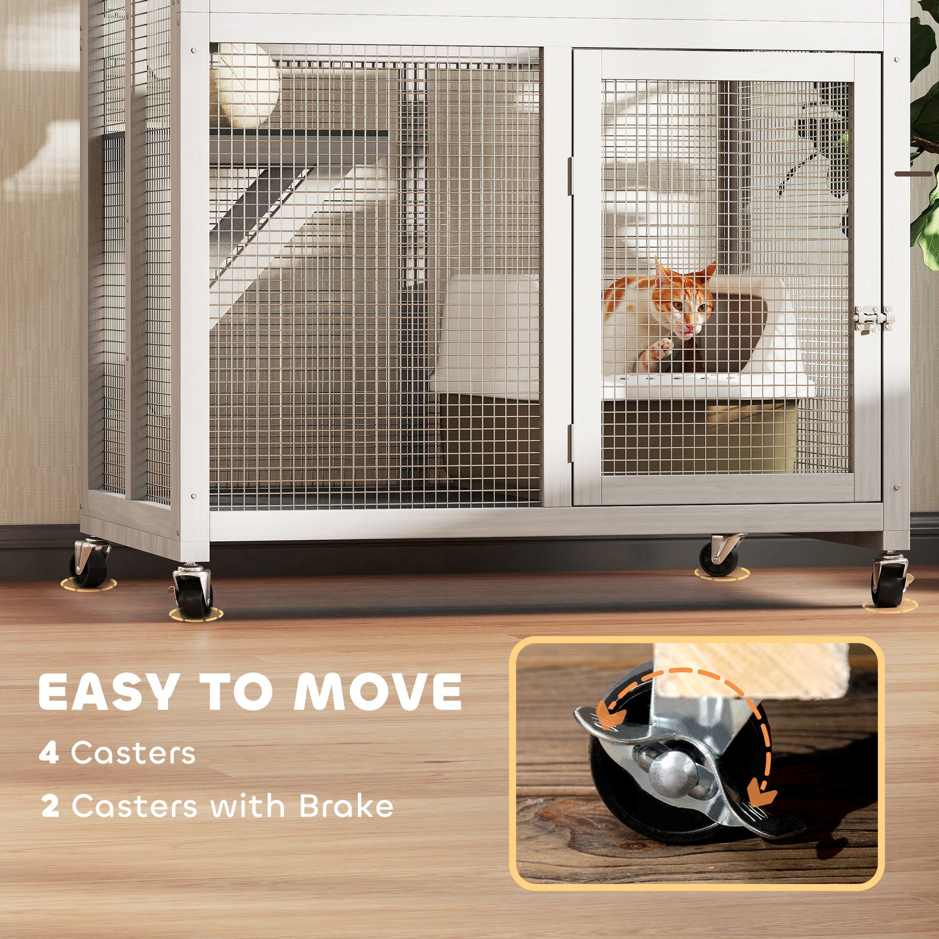 PawHut 74" Wooden Catio Outdoor Cat Enclosure Weatherproof & Wheeled, Outside Cat House with High Weight Capacity, Kitten Cage Condo, White