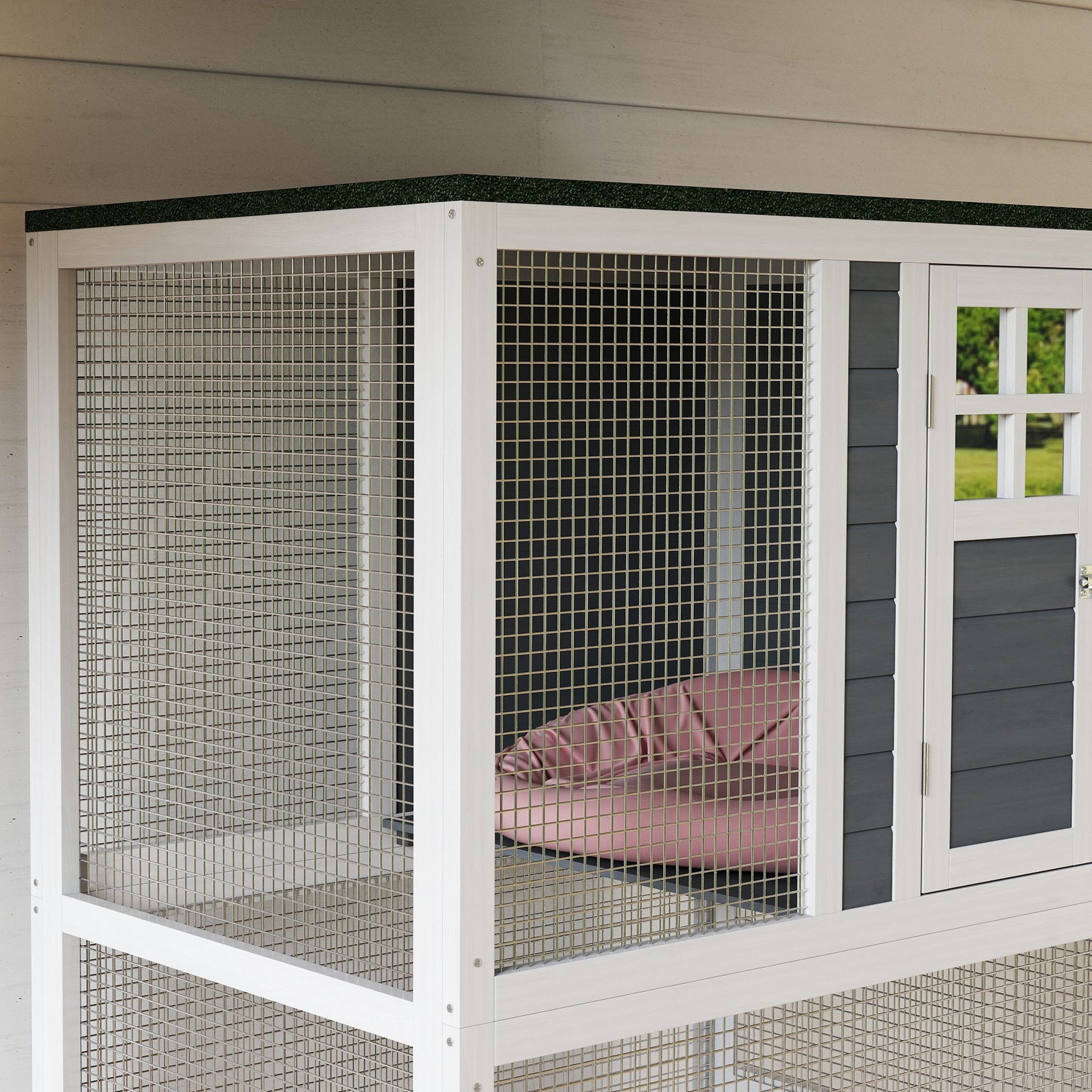 PawHut 74" Wooden Catio Outdoor Cat Enclosure Weatherproof & Wheeled, Outside Cat House with High Weight Capacity, Kitten Cage Condo, White
