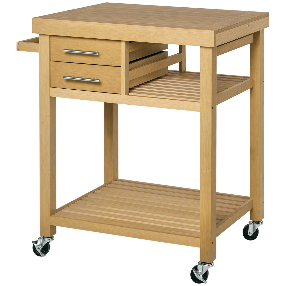 HOMCOM Bamboo Kitchen Island Cart on Wheels, Utility Trolley Cart with 2 Storage Drawers and Open Shelves, Bamboo Tone
