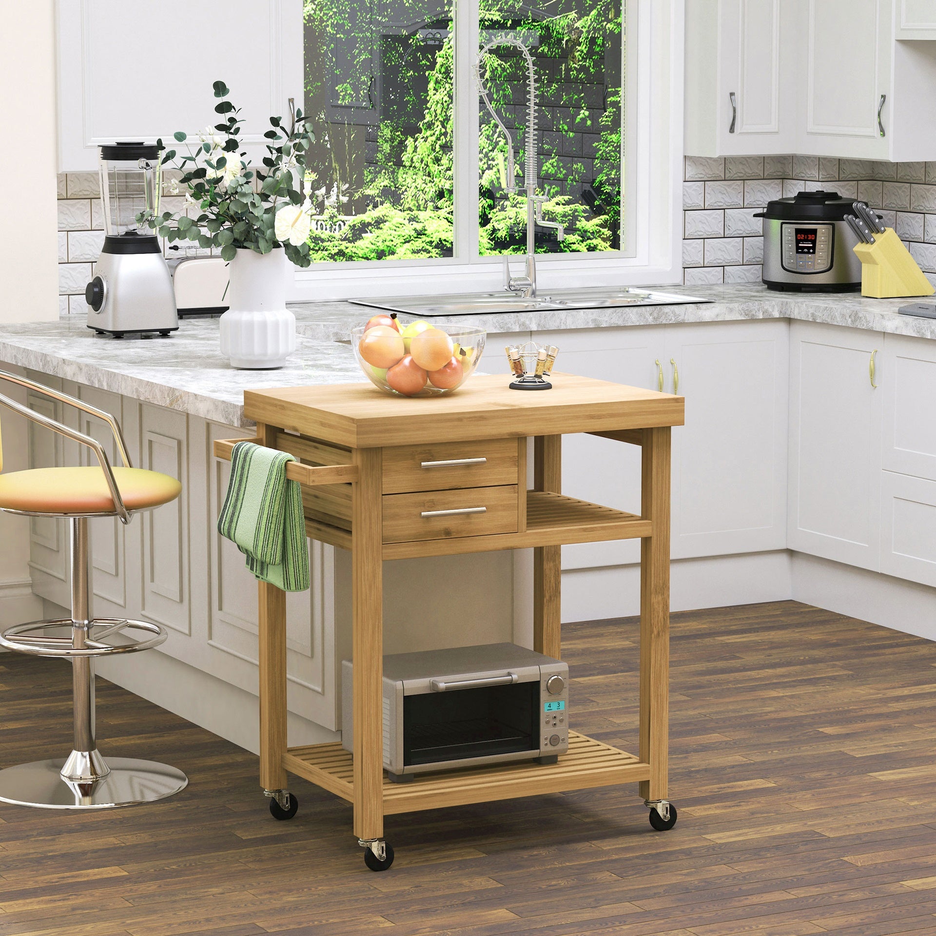 HOMCOM Bamboo Kitchen Island Cart on Wheels, Utility Trolley Cart with 2 Storage Drawers and Open Shelves, Bamboo Tone