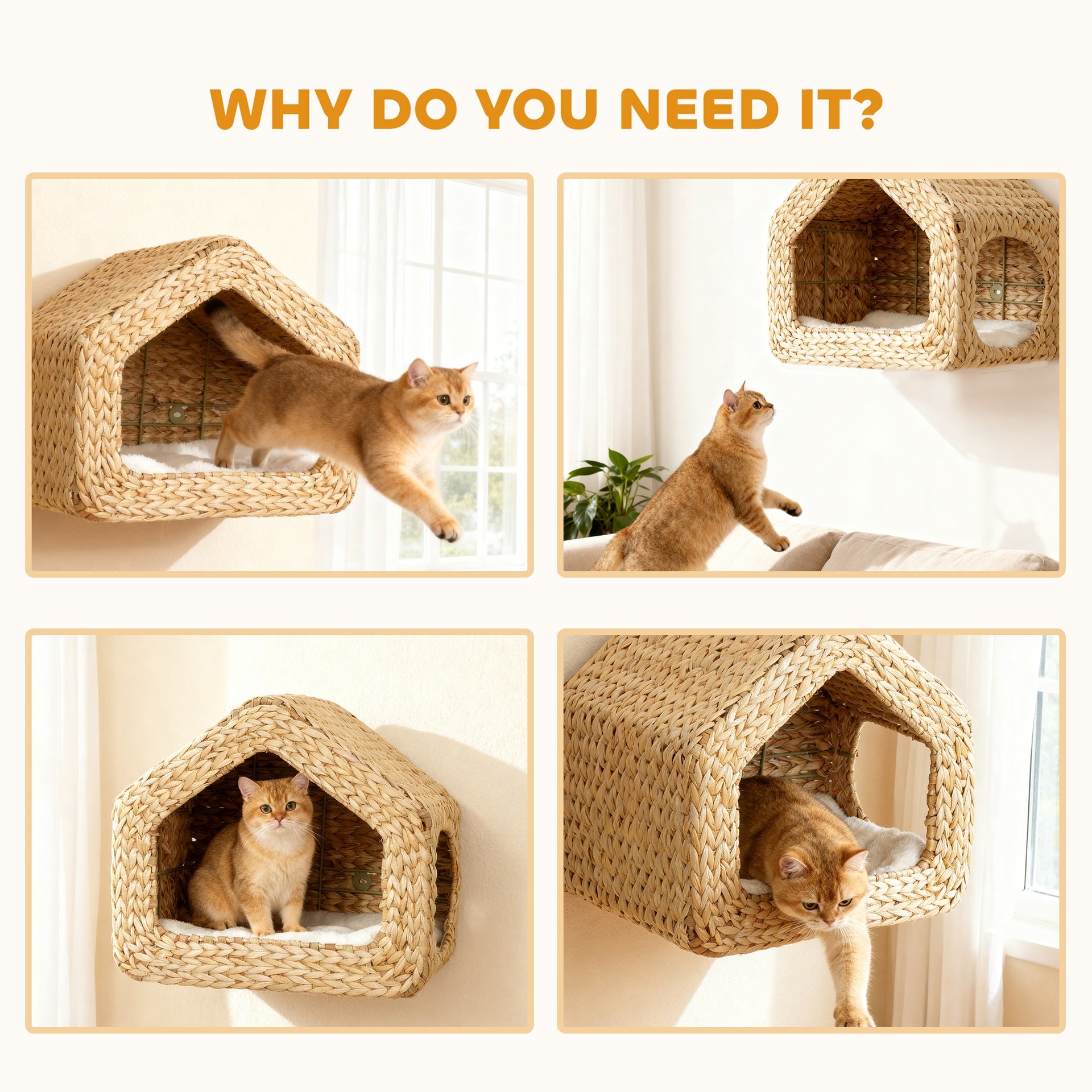 PawHut Wall Mounted Cat House, Cat Wall Furniture, Cat Wall Shelf with Washable Cushion, Natural