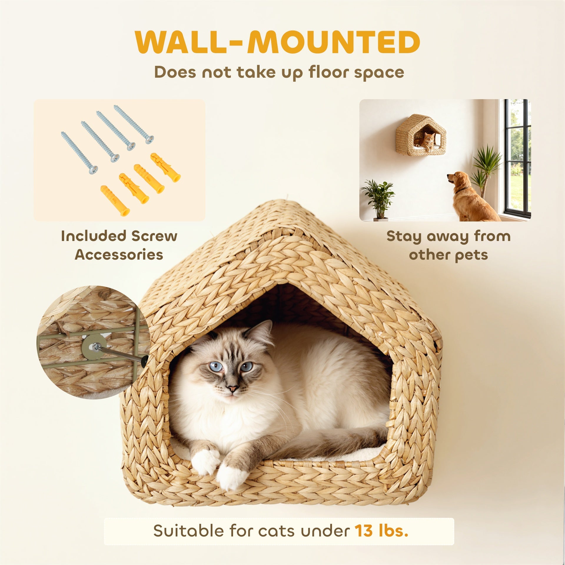 PawHut Wall Mounted Cat House, Cat Wall Furniture, Cat Wall Shelf with Washable Cushion, Natural