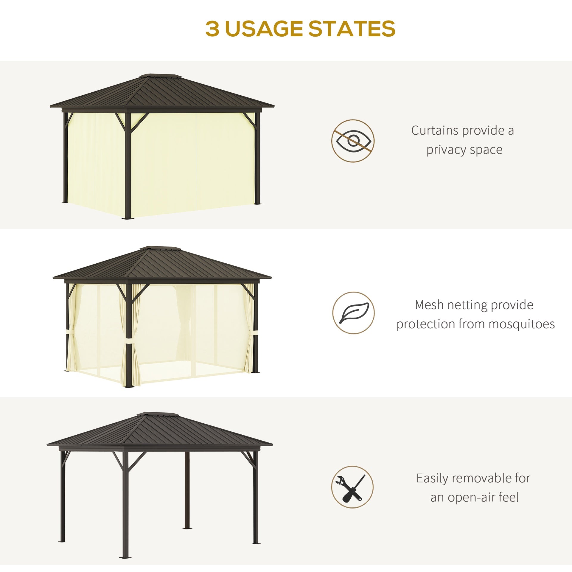 Outsunny 11.9" x 9.8" Hardtop Gazebo with Curtains Netting, Metal Roof Gazebo Canopy with Aluminum Frame and Top Hook, Cream