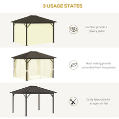 Outsunny 11.9" x 9.8" Hardtop Gazebo with Curtains Netting, Metal Roof Gazebo Canopy with Aluminum Frame and Top Hook, Cream