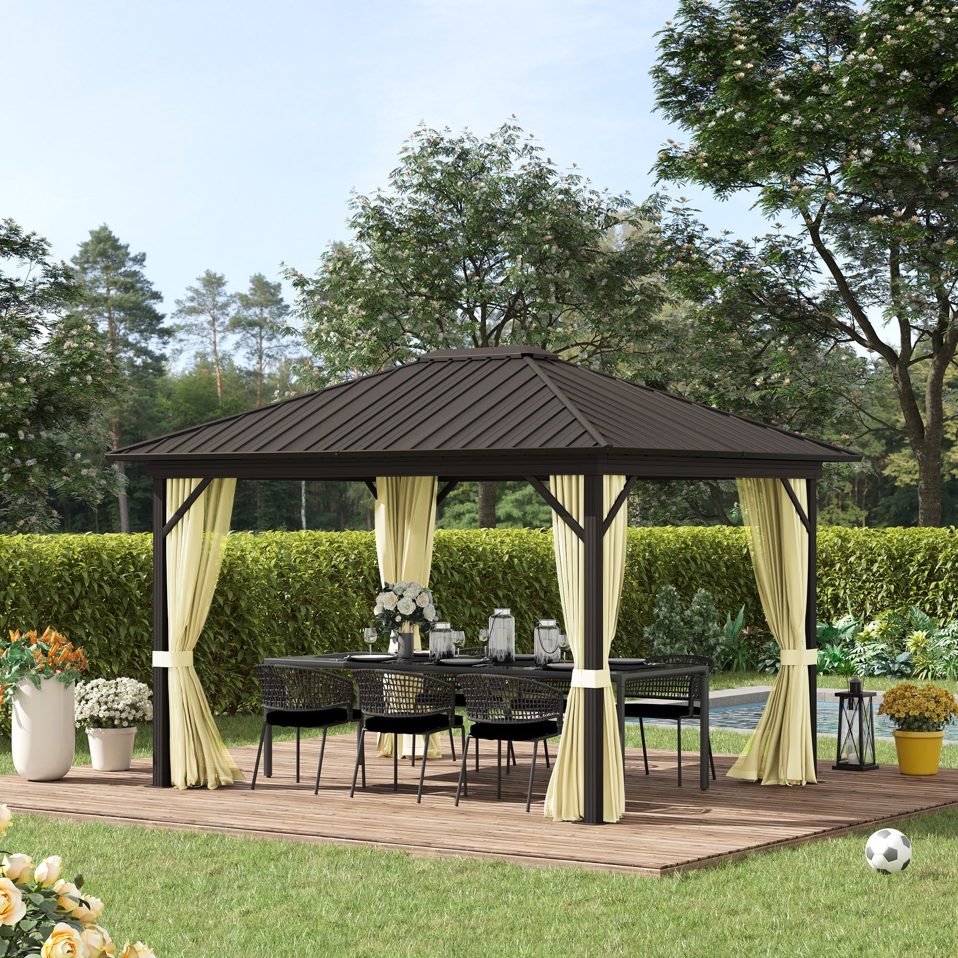 Outsunny 11.9" x 9.8" Hardtop Gazebo with Curtains Netting, Metal Roof Gazebo Canopy with Aluminum Frame and Top Hook, Cream