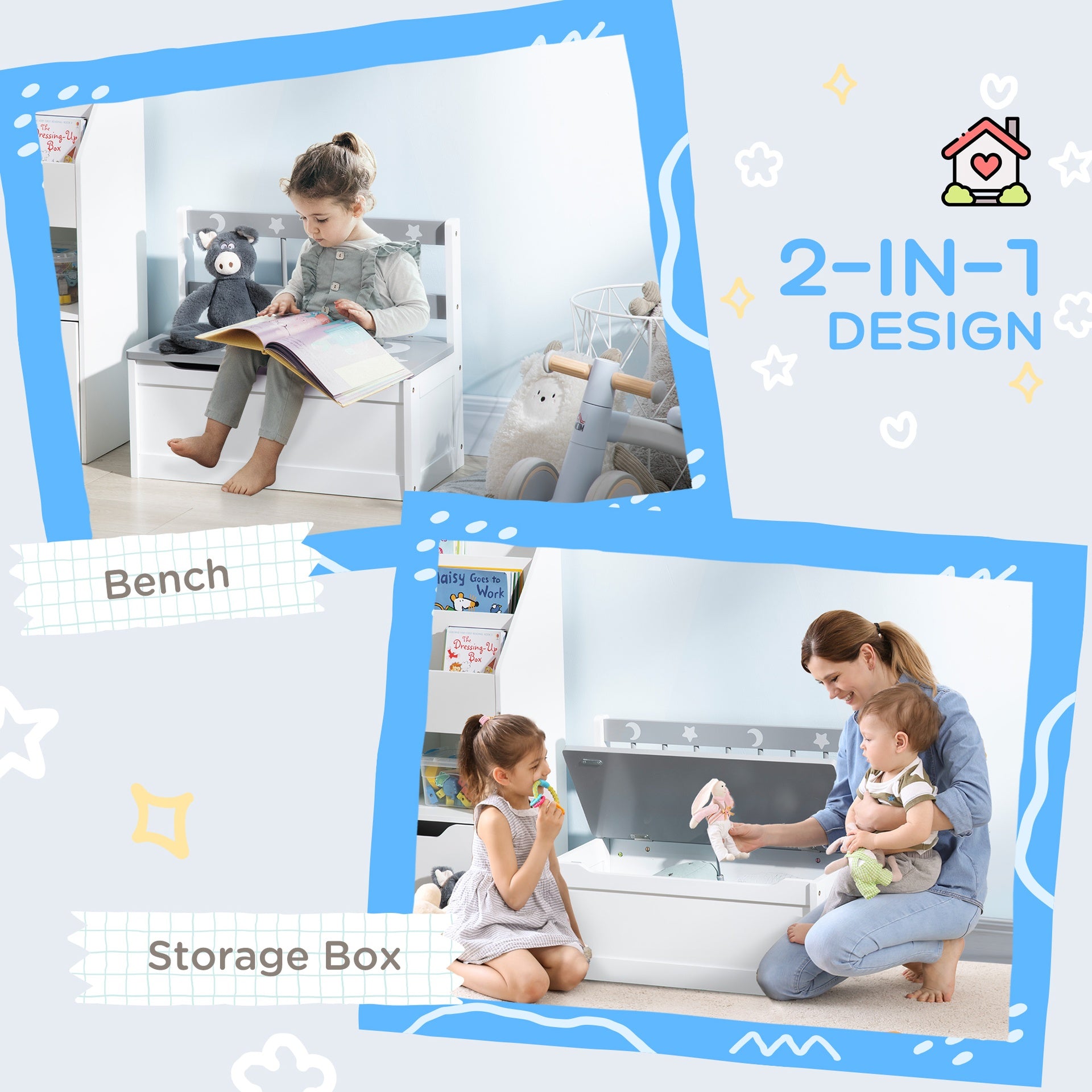Qaba Toddler Toy Box Storage Bench with Large 27 Liter Interior, Kids Storage Bench Seat with Storage for Toddler Playroom Furniture, Kids Bedroom Furniture, Toy Organizer and Storage Bin, Gray
