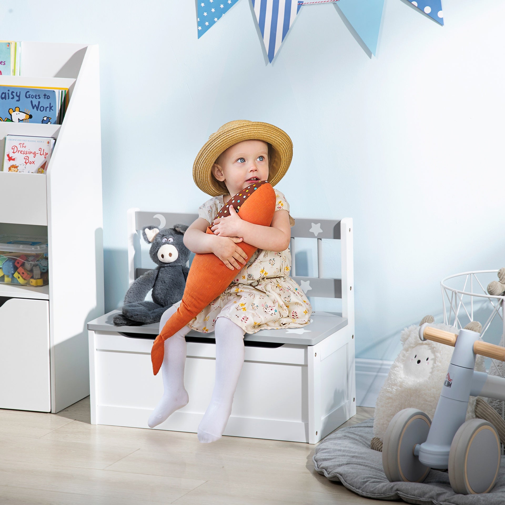 Qaba Toddler Toy Box Storage Bench with Large 27 Liter Interior, Kids Storage Bench Seat with Storage for Toddler Playroom Furniture, Kids Bedroom Furniture, Toy Organizer and Storage Bin, Gray