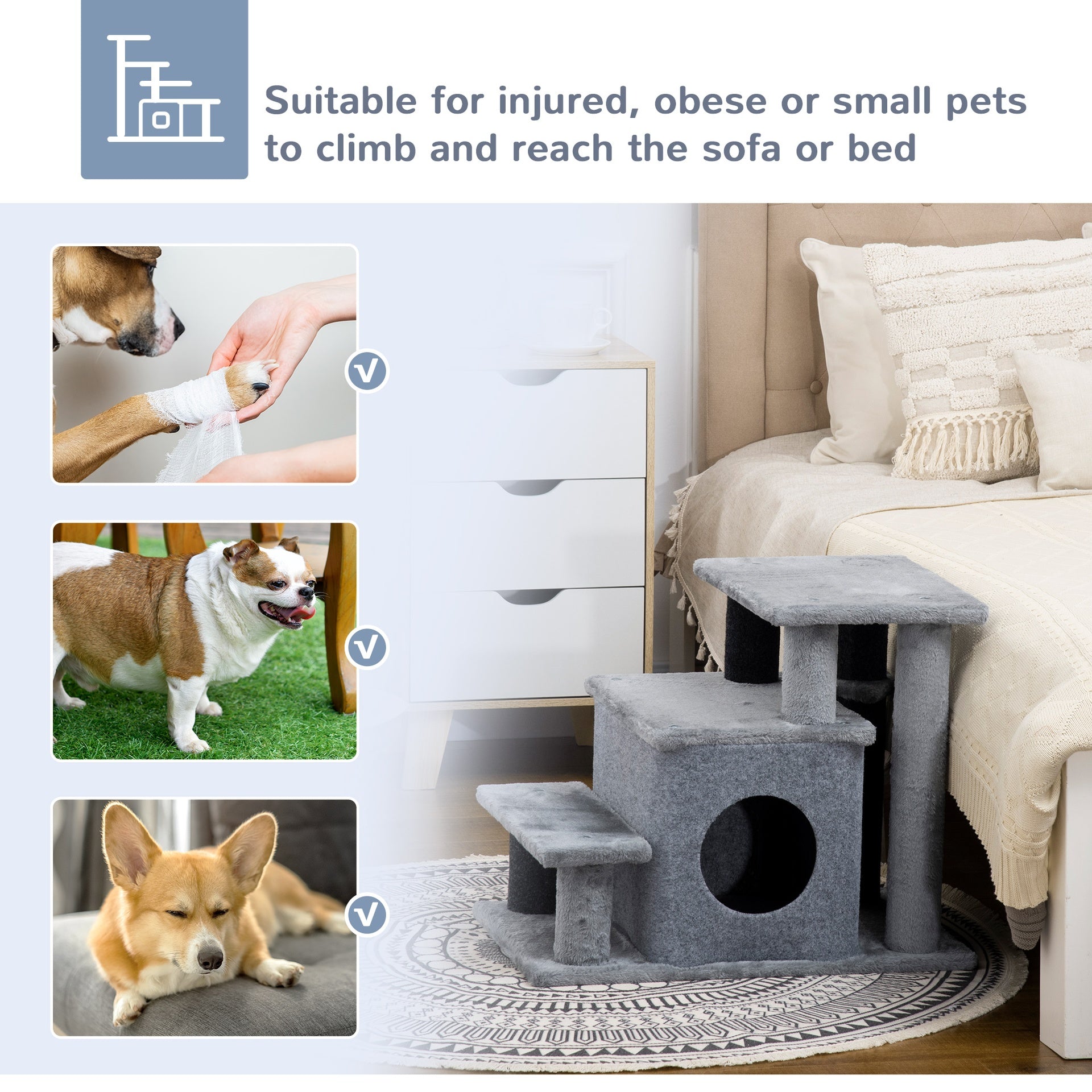 PawHut Adjustable Height 3 Step/4 Step Cat Stairs with Cat Scratching Post, Cat Condo, Toy Ball, for Bed, Sofa, Couch, Gray
