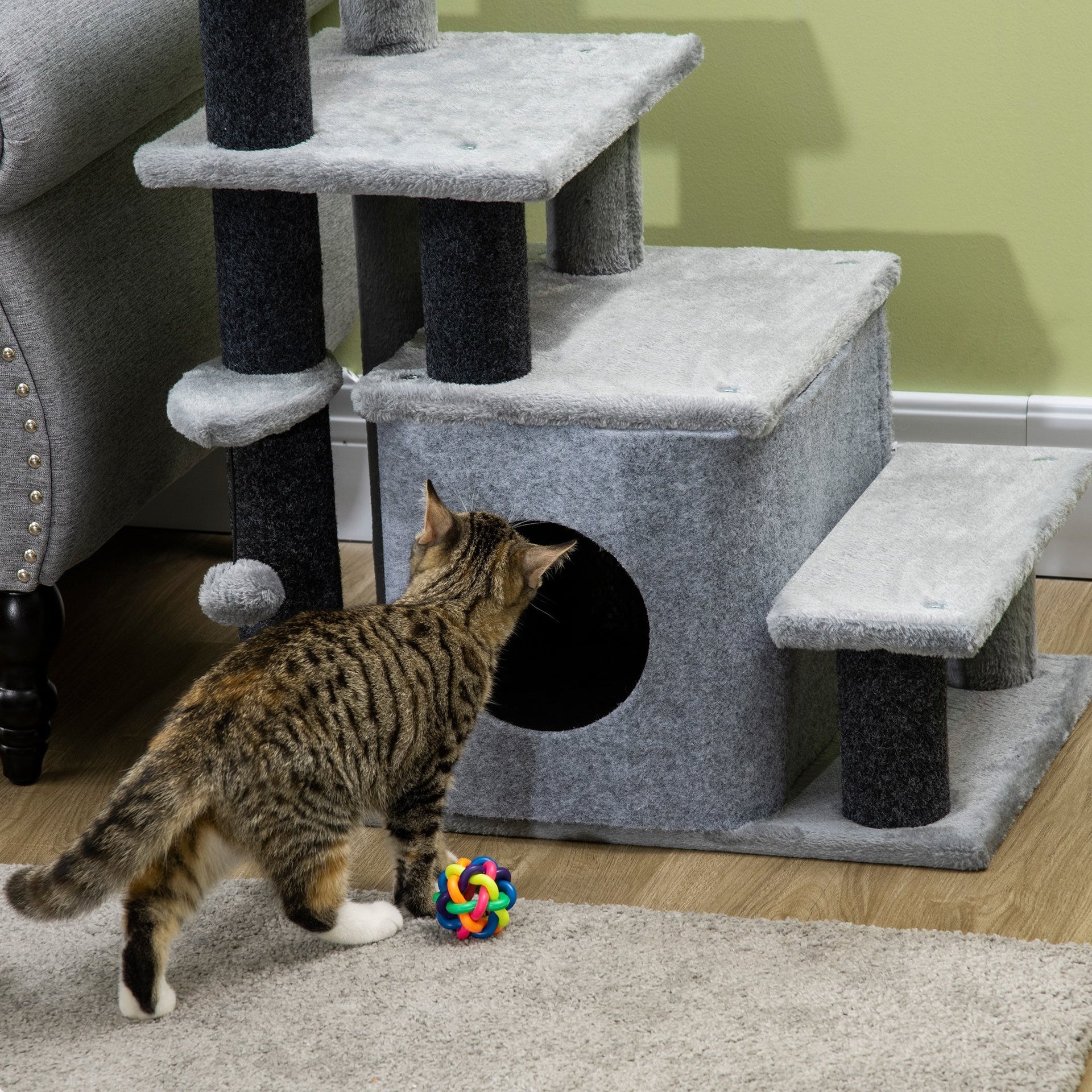 PawHut Adjustable Height 3 Step/4 Step Cat Stairs with Cat Scratching Post, Cat Condo, Toy Ball, for Bed, Sofa, Couch, Gray