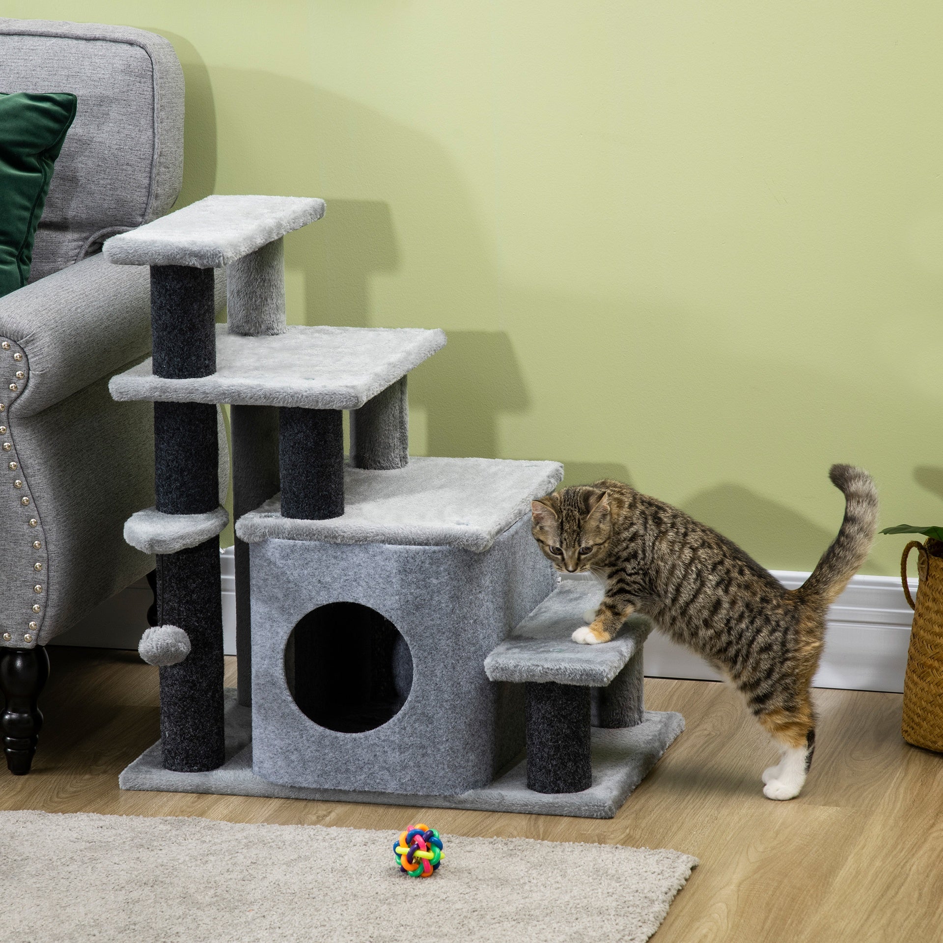 PawHut Adjustable Height 3 Step/4 Step Cat Stairs with Cat Scratching Post, Cat Condo, Toy Ball, for Bed, Sofa, Couch, Gray