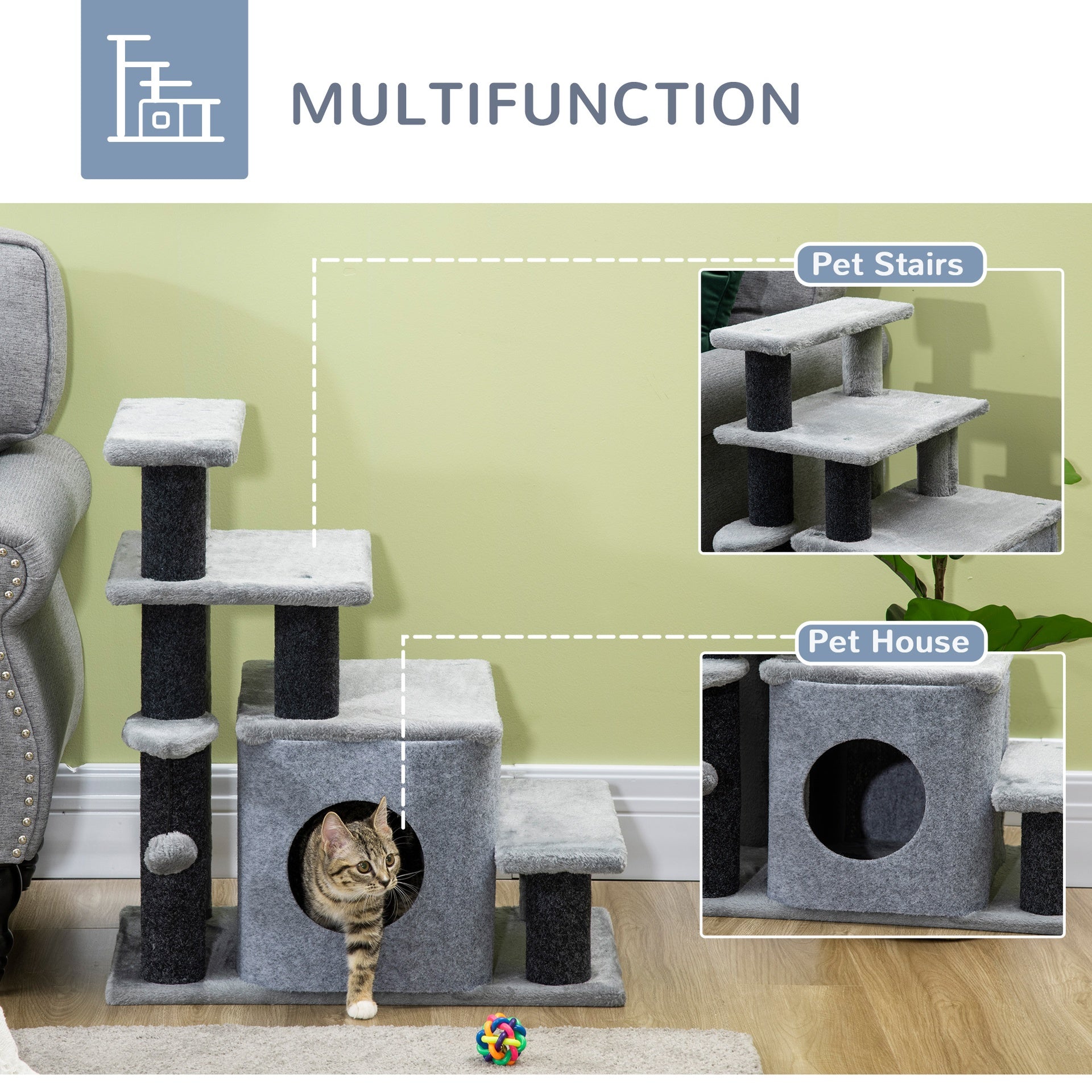 PawHut Adjustable Height 3 Step/4 Step Cat Stairs with Cat Scratching Post, Cat Condo, Toy Ball, for Bed, Sofa, Couch, Gray