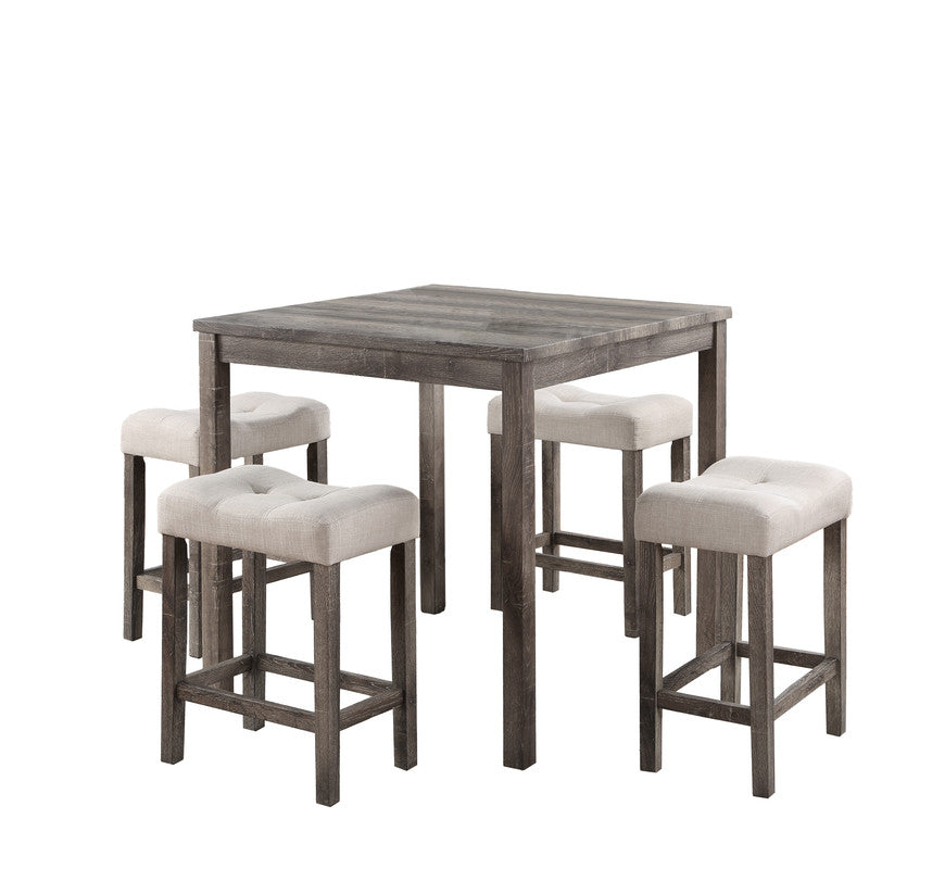 Lucenzo Brown 5 Piece Counter Height 36" Pub Table Set with Tufted Creamy White Linen Stools
