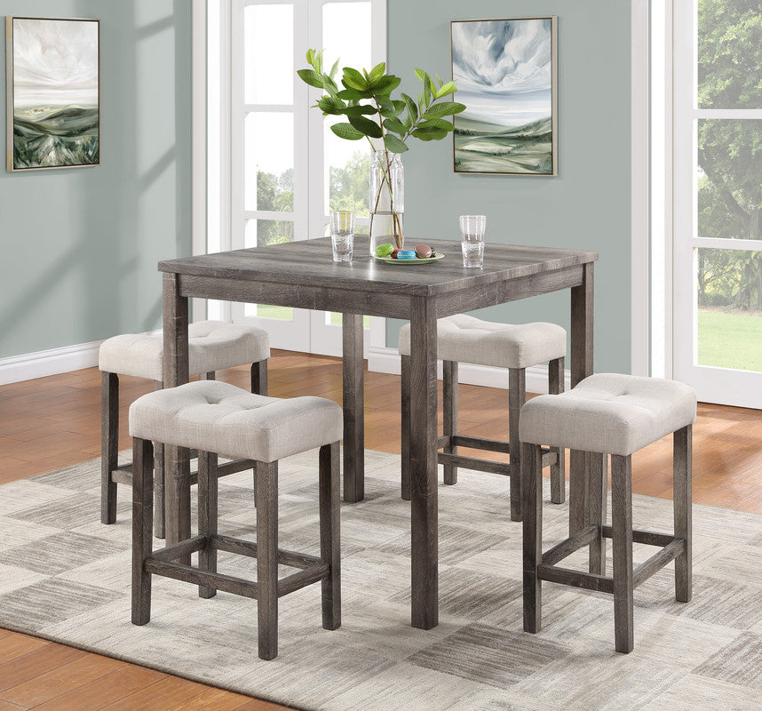Lucenzo Brown 5 Piece Counter Height 36" Pub Table Set with Tufted Creamy White Linen Stools