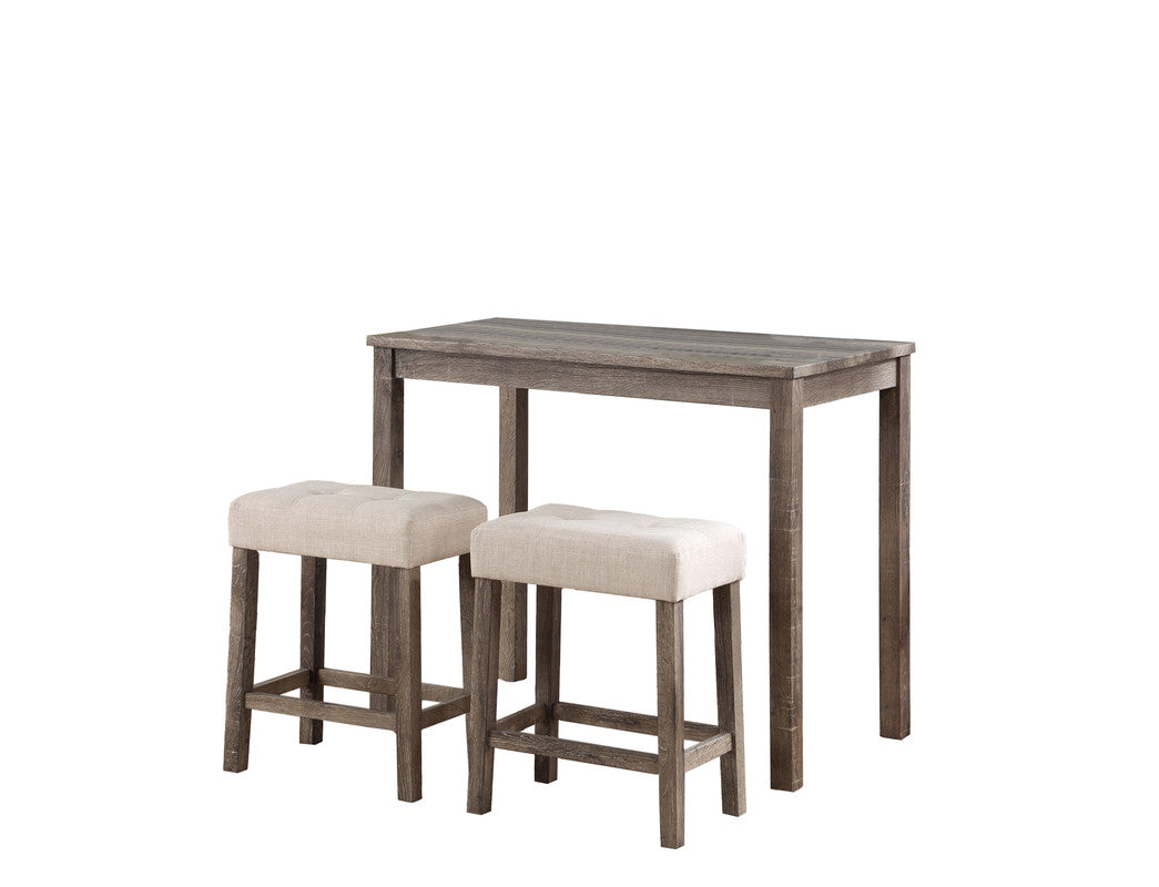 Lusso Brown 3 Piece Counter Height 42" Pub Table Set with Tufted Creamy White Linen Stools