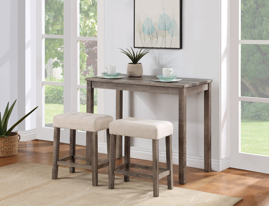 Lux Brown 3 Piece Counter Height 42"W Pub Table Set with Tufted Creamy White Linen Stools