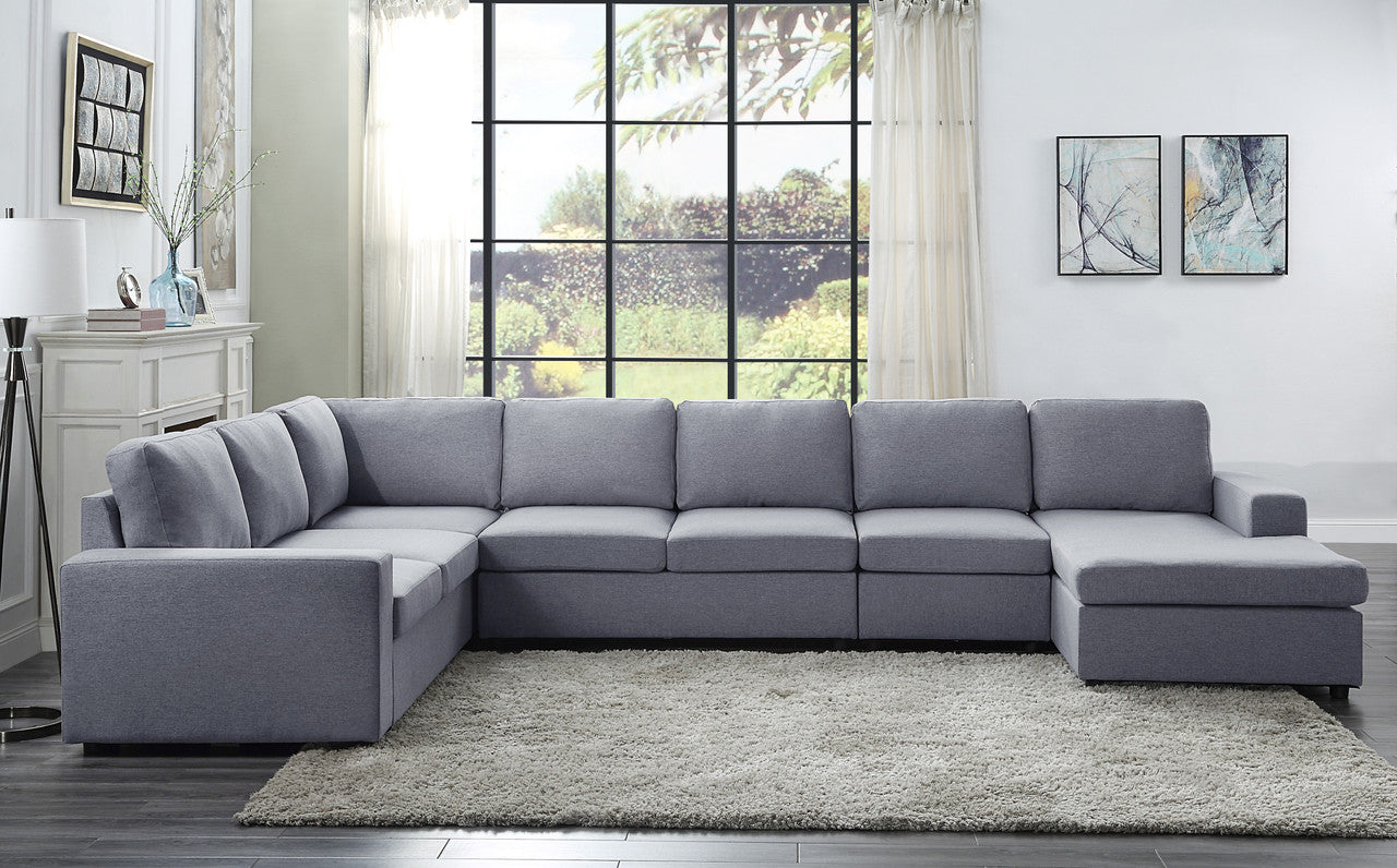 Trento 147"W Light Gray Linen 7 Seat Reversible Modular Sectional Sofa Chaise