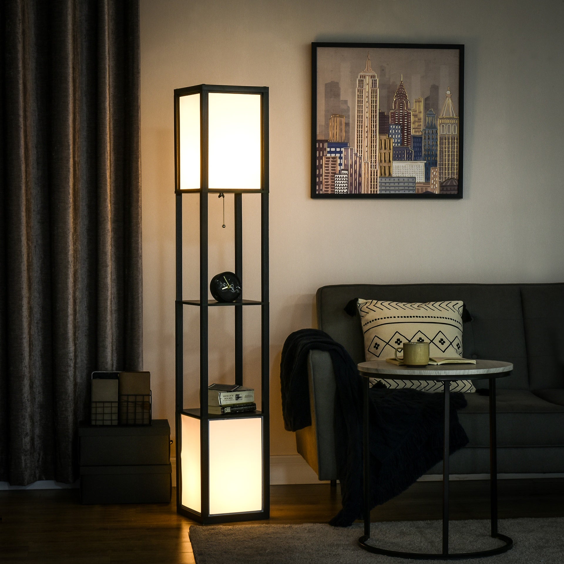HOMCOM Modern Shelf Floor Lamp with Dual Ambient Light, Standing Lamp Living Room, Bedroom, 10.25"x10.25"x61.5", Black