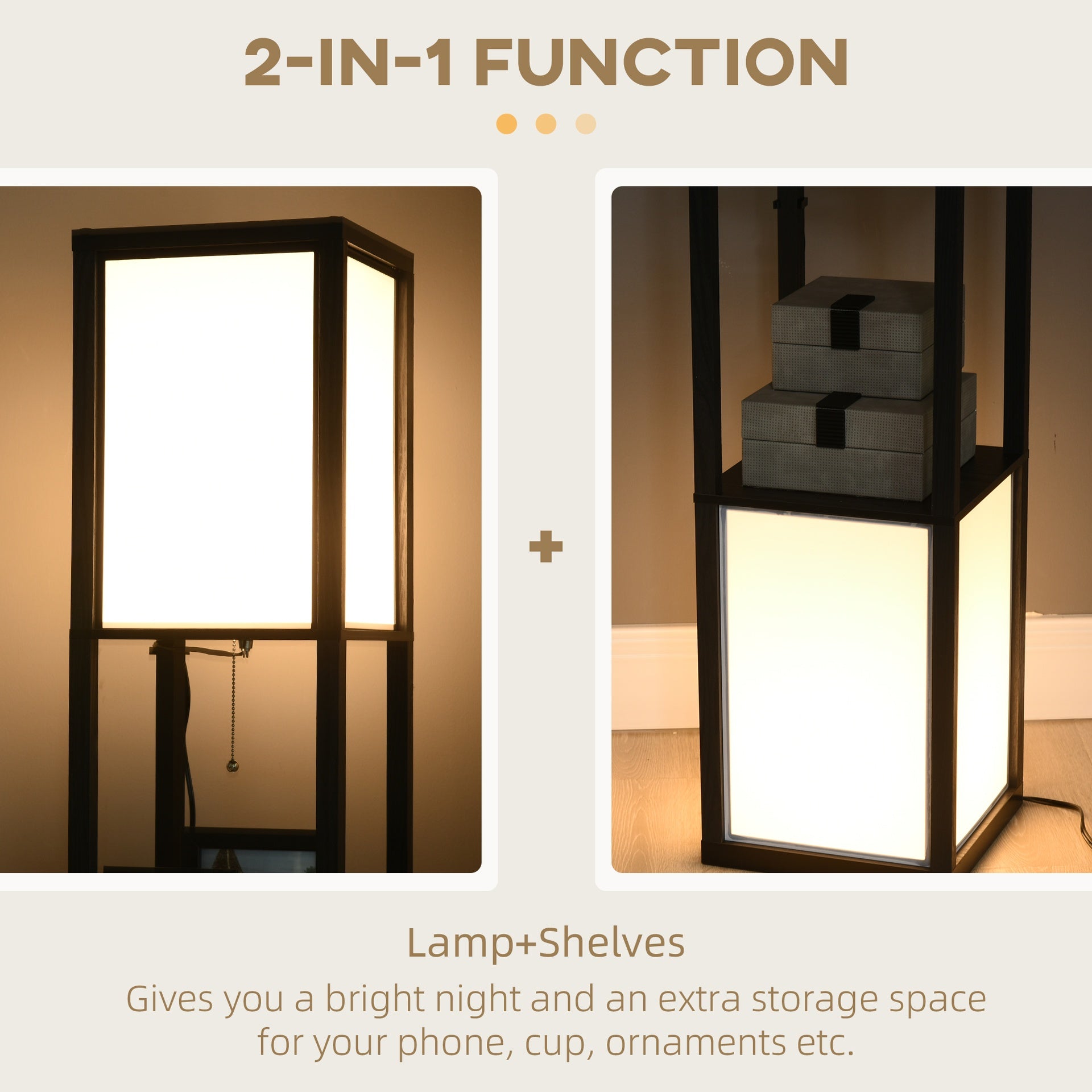 HOMCOM Modern Shelf Floor Lamp with Dual Ambient Light, Standing Lamp Living Room, Bedroom, 10.25"x10.25"x61.5", Black