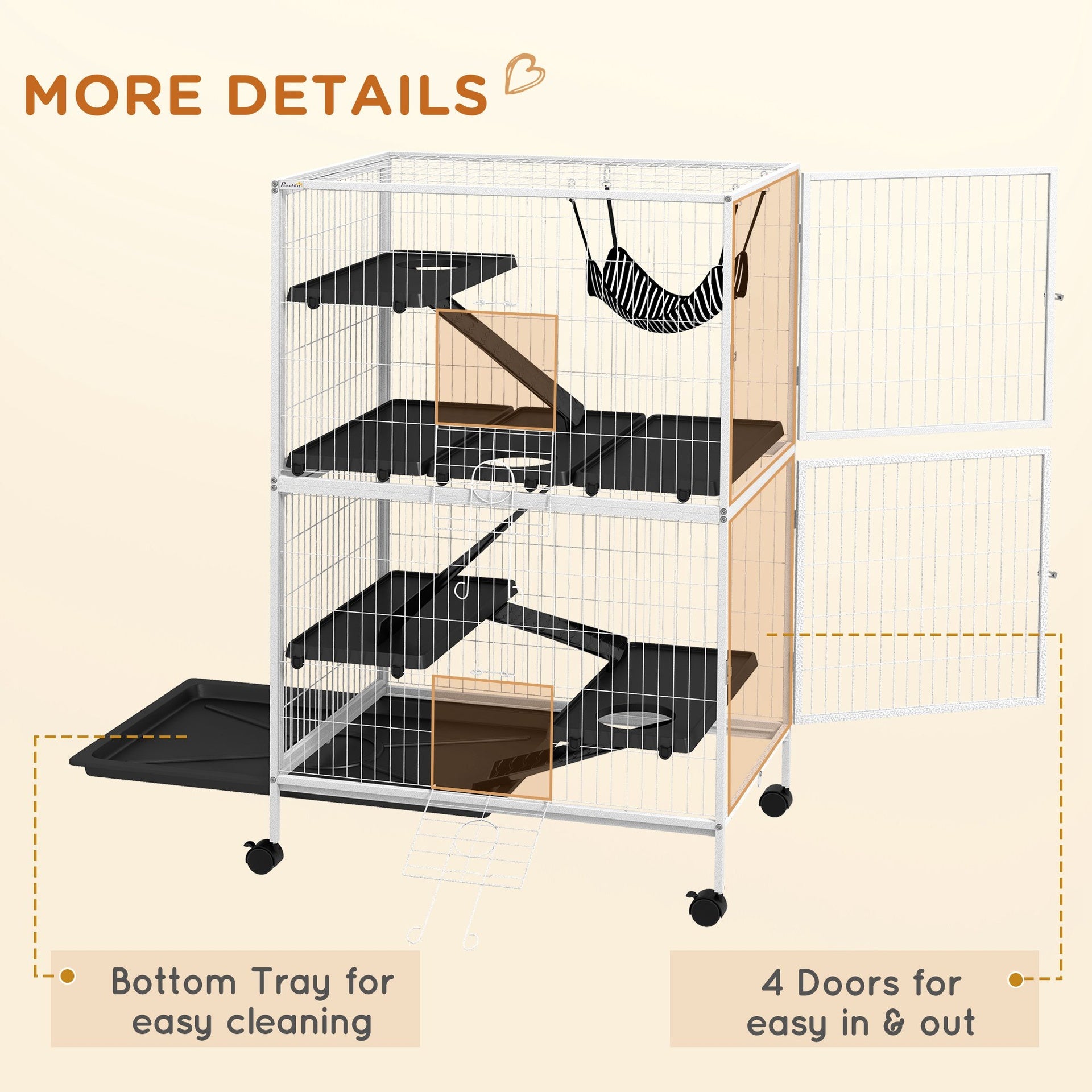 PawHut 50" H Rolling Small Animal Cage with Hammock, Ferret Cage, Chinchilla Cage, Pet Habitat, wIth 4 Doors, Removable Tray