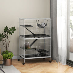 PawHut 50" H Rolling Small Animal Cage with Hammock, Ferret Cage, Chinchilla Cage, Pet Habitat, wIth 4 Doors, Removable Tray