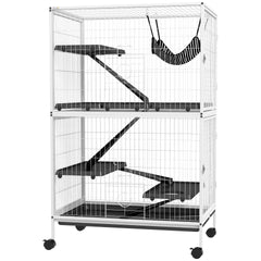 PawHut 50" H Rolling Small Animal Cage with Hammock, Ferret Cage, Chinchilla Cage, Pet Habitat, wIth 4 Doors, Removable Tray