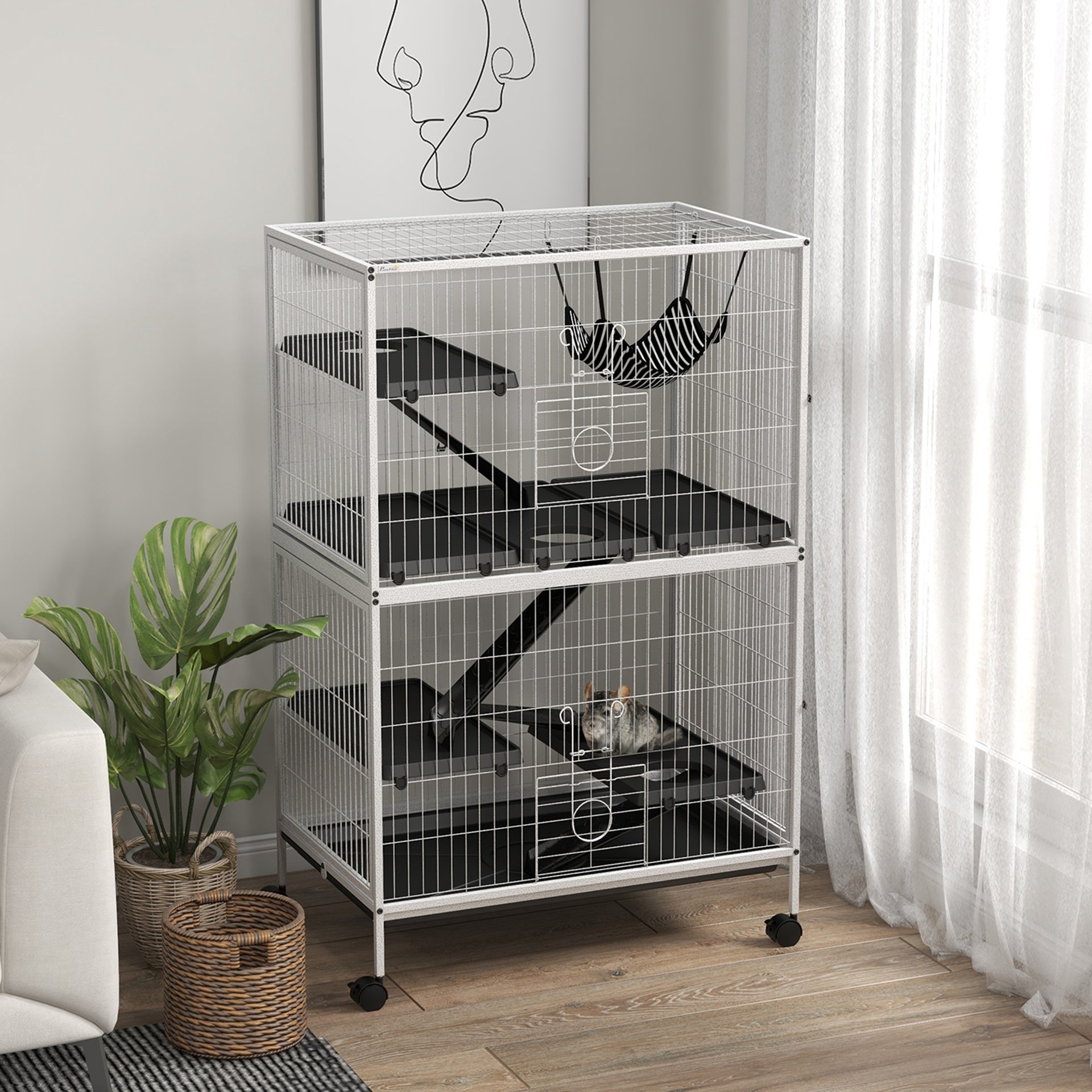 PawHut 50" H Rolling Small Animal Cage with Hammock, Ferret Cage, Chinchilla Cage, Pet Habitat, wIth 4 Doors, Removable Tray