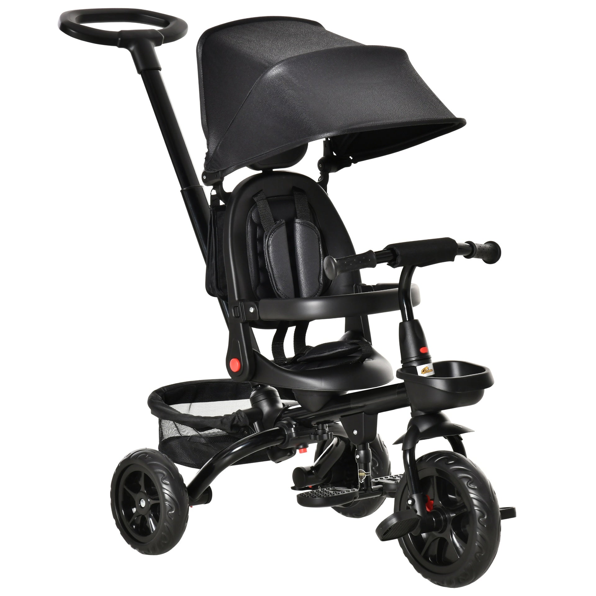 Qaba Kids Tricycle, 5 in 1 Foldable Trike with Reversible Seat, Adjustable Parent Handle, Safety Harness, Wheel Brakes, Removable Canopy, Storage, Tricycle for Toddlers 1-5 Years, Black