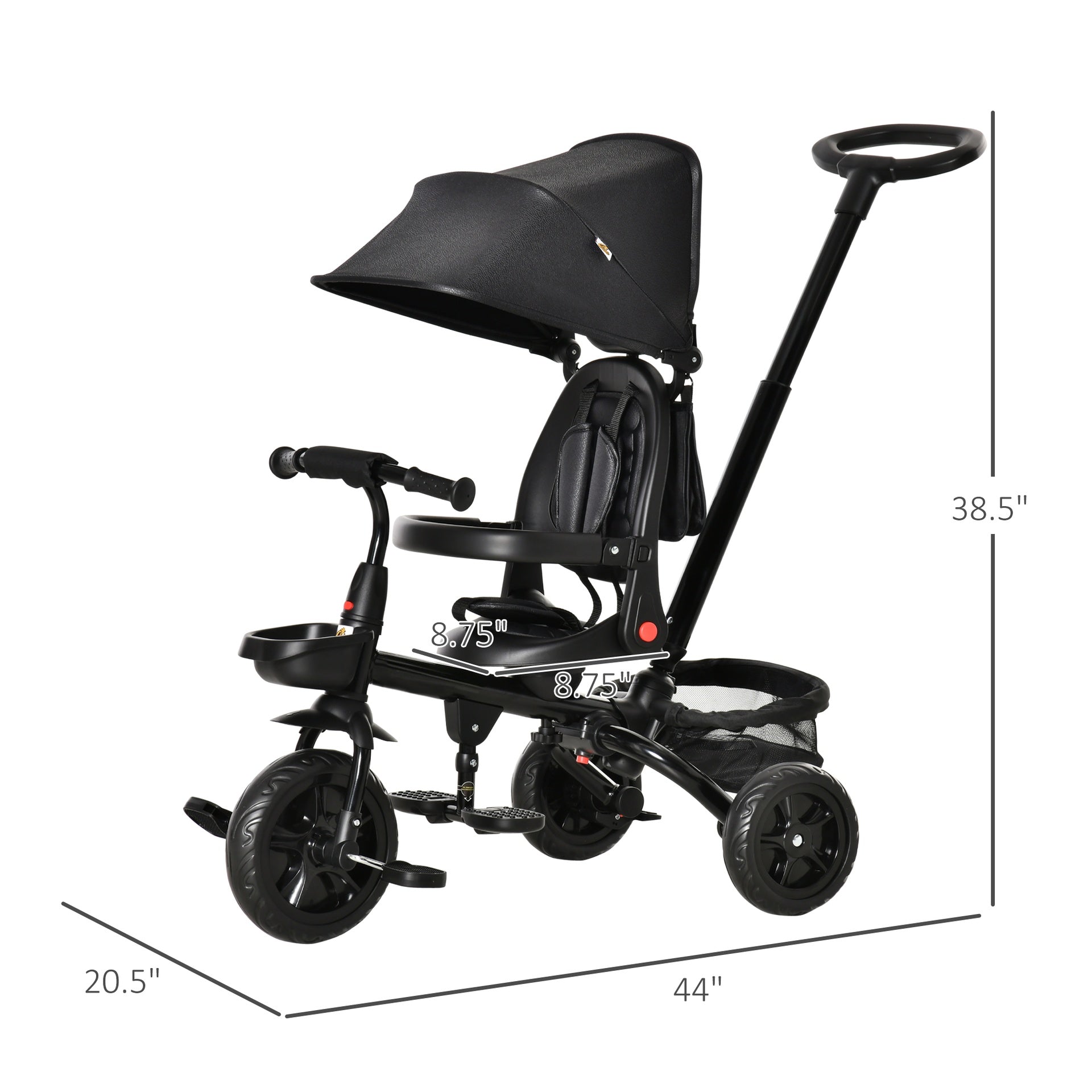 Qaba Kids Tricycle, 5 in 1 Foldable Trike with Reversible Seat, Adjustable Parent Handle, Safety Harness, Wheel Brakes, Removable Canopy, Storage, Tricycle for Toddlers 1-5 Years, Black