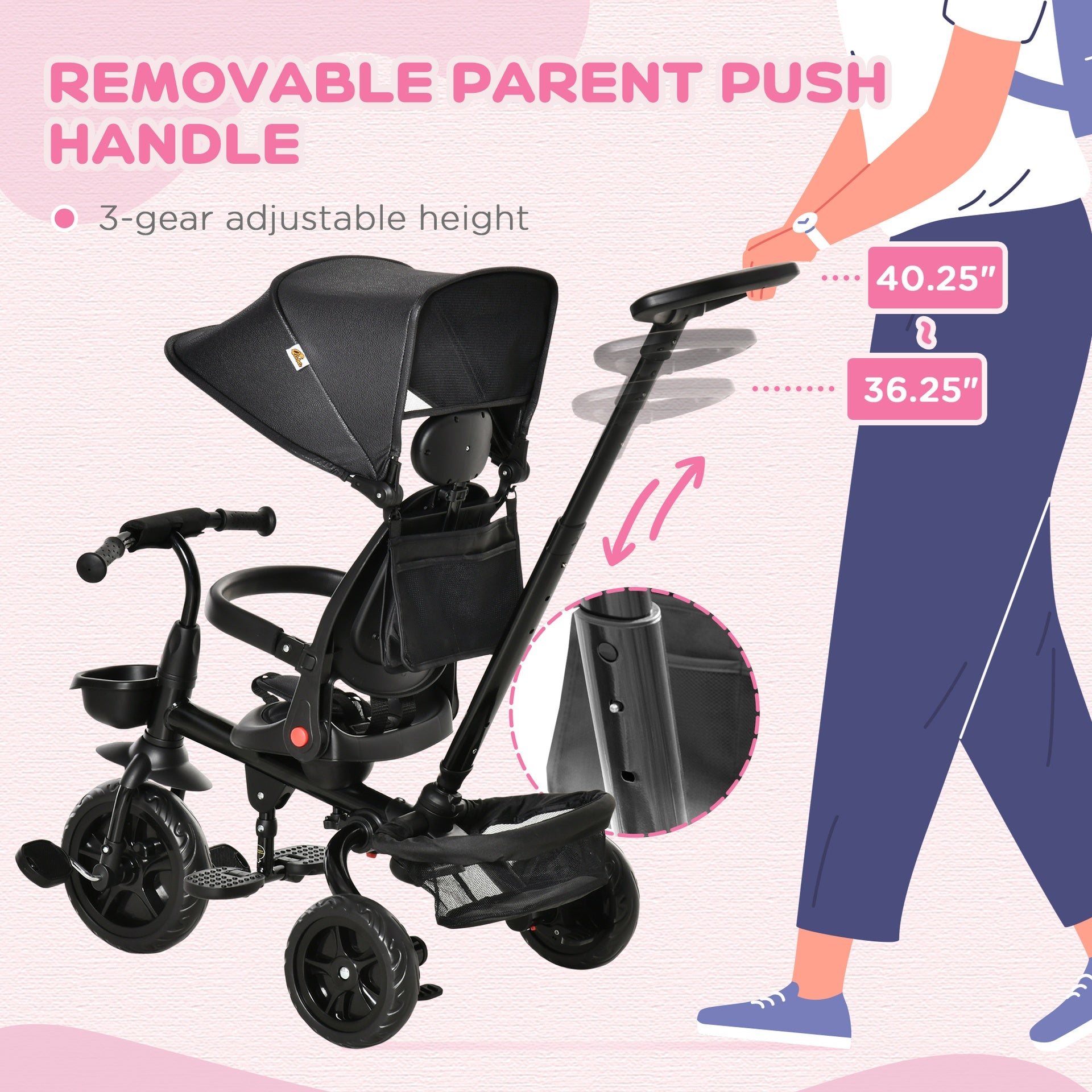 Qaba Kids Tricycle, 5 in 1 Foldable Trike with Reversible Seat, Adjustable Parent Handle, Safety Harness, Wheel Brakes, Removable Canopy, Storage, Tricycle for Toddlers 1-5 Years, Black