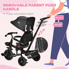 Qaba Kids Tricycle, 5 in 1 Foldable Trike with Reversible Seat, Adjustable Parent Handle, Safety Harness, Wheel Brakes, Removable Canopy, Storage, Tricycle for Toddlers 1-5 Years, Black