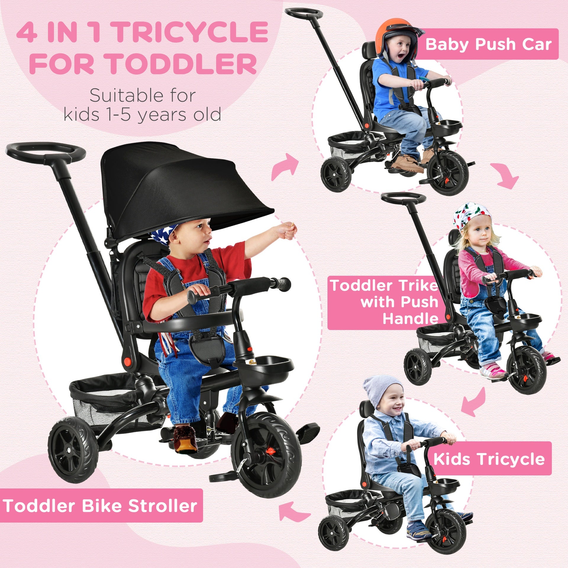 Qaba Kids Tricycle, 5 in 1 Foldable Trike with Reversible Seat, Adjustable Parent Handle, Safety Harness, Wheel Brakes, Removable Canopy, Storage, Tricycle for Toddlers 1-5 Years, Black