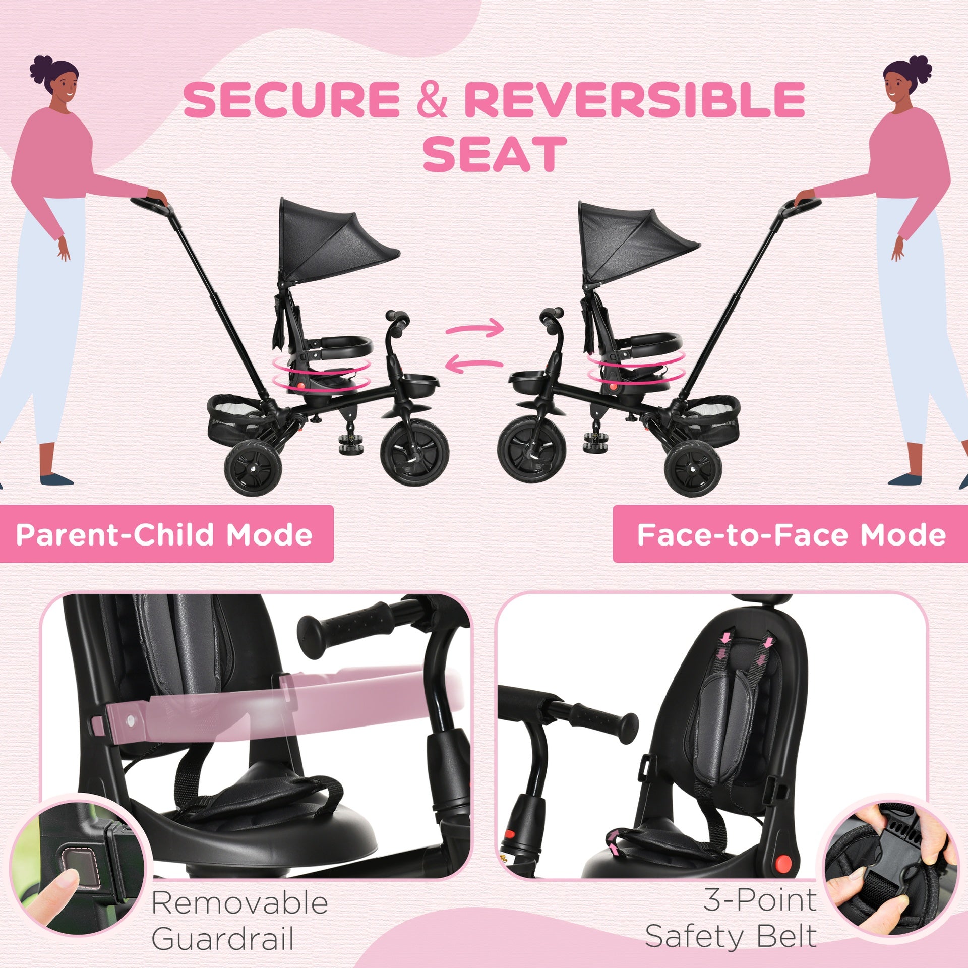 Qaba Kids Tricycle, 5 in 1 Foldable Trike with Reversible Seat, Adjustable Parent Handle, Safety Harness, Wheel Brakes, Removable Canopy, Storage, Tricycle for Toddlers 1-5 Years, Black