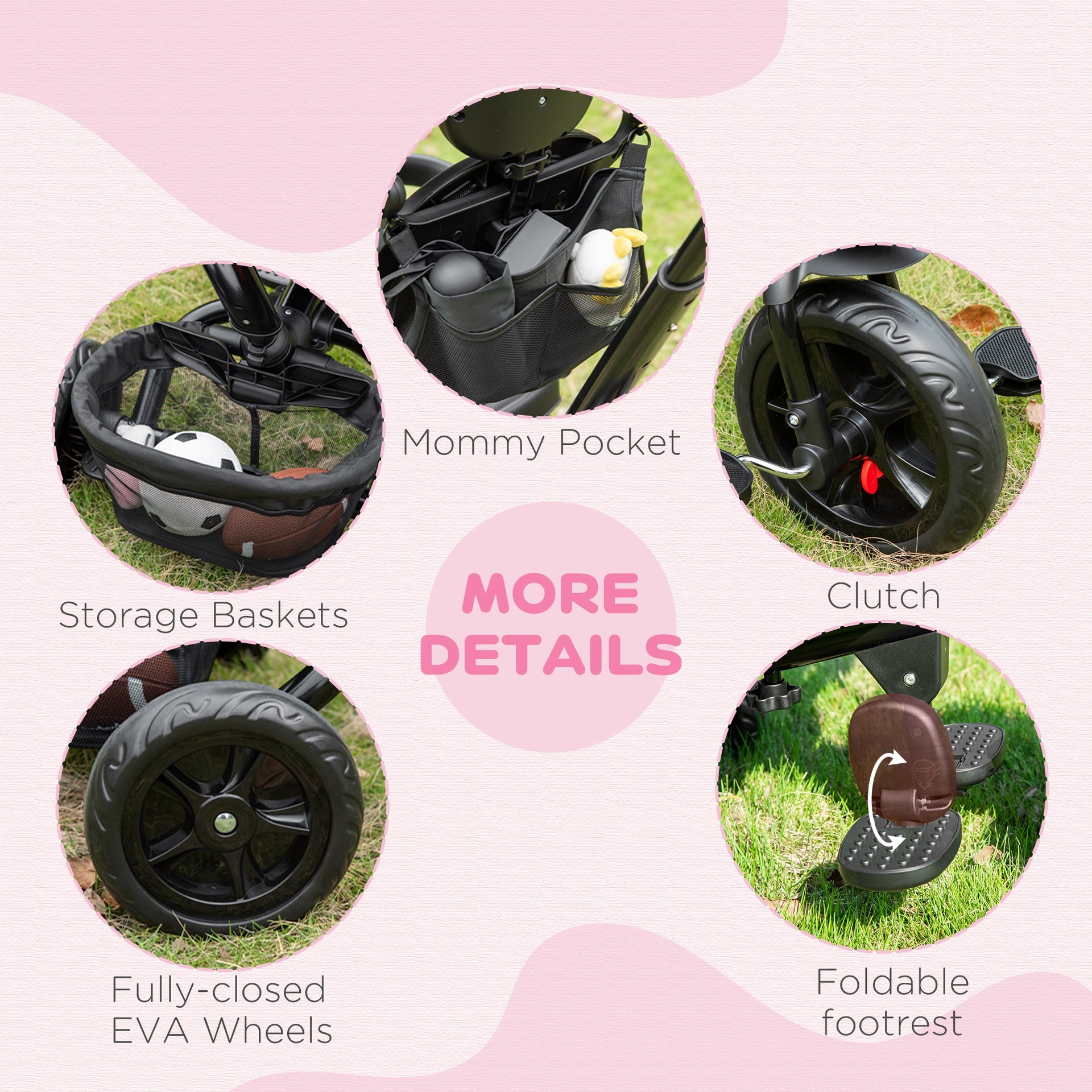 Qaba Kids Tricycle, 5 in 1 Foldable Trike with Reversible Seat, Adjustable Parent Handle, Safety Harness, Wheel Brakes, Removable Canopy, Storage, Tricycle for Toddlers 1-5 Years, Black