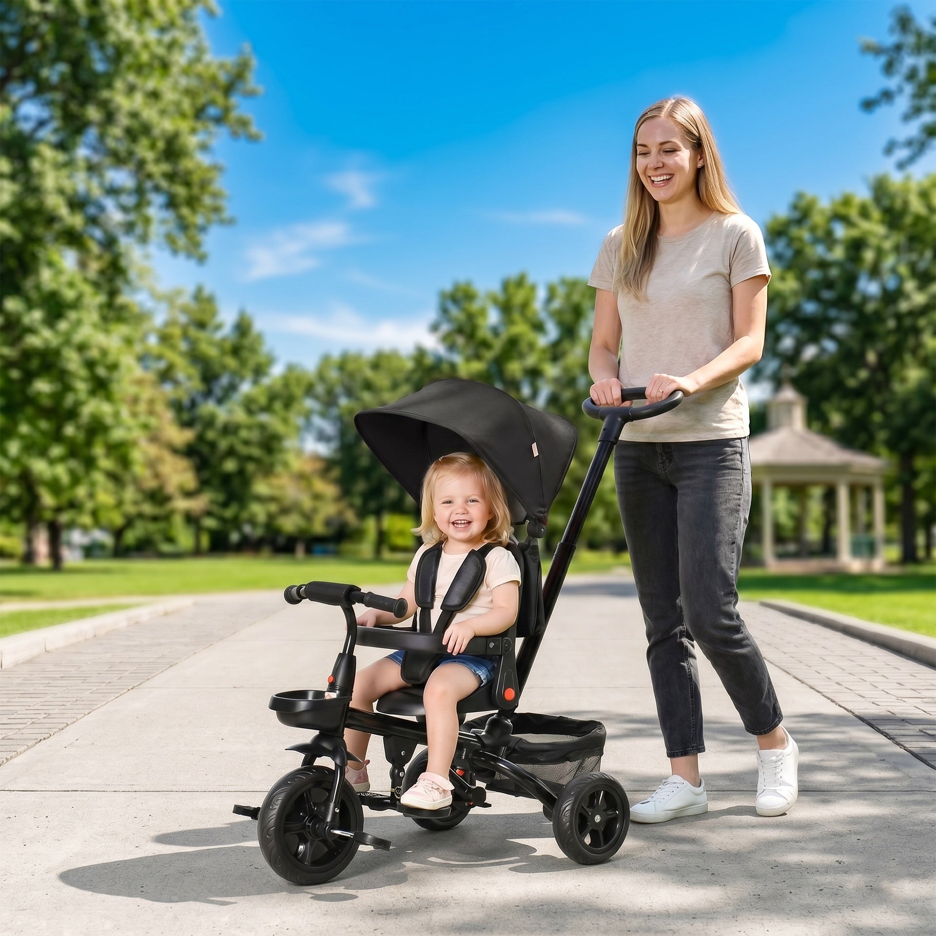 Qaba Kids Tricycle, 5 in 1 Foldable Trike with Reversible Seat, Adjustable Parent Handle, Safety Harness, Wheel Brakes, Removable Canopy, Storage, Tricycle for Toddlers 1-5 Years, Black