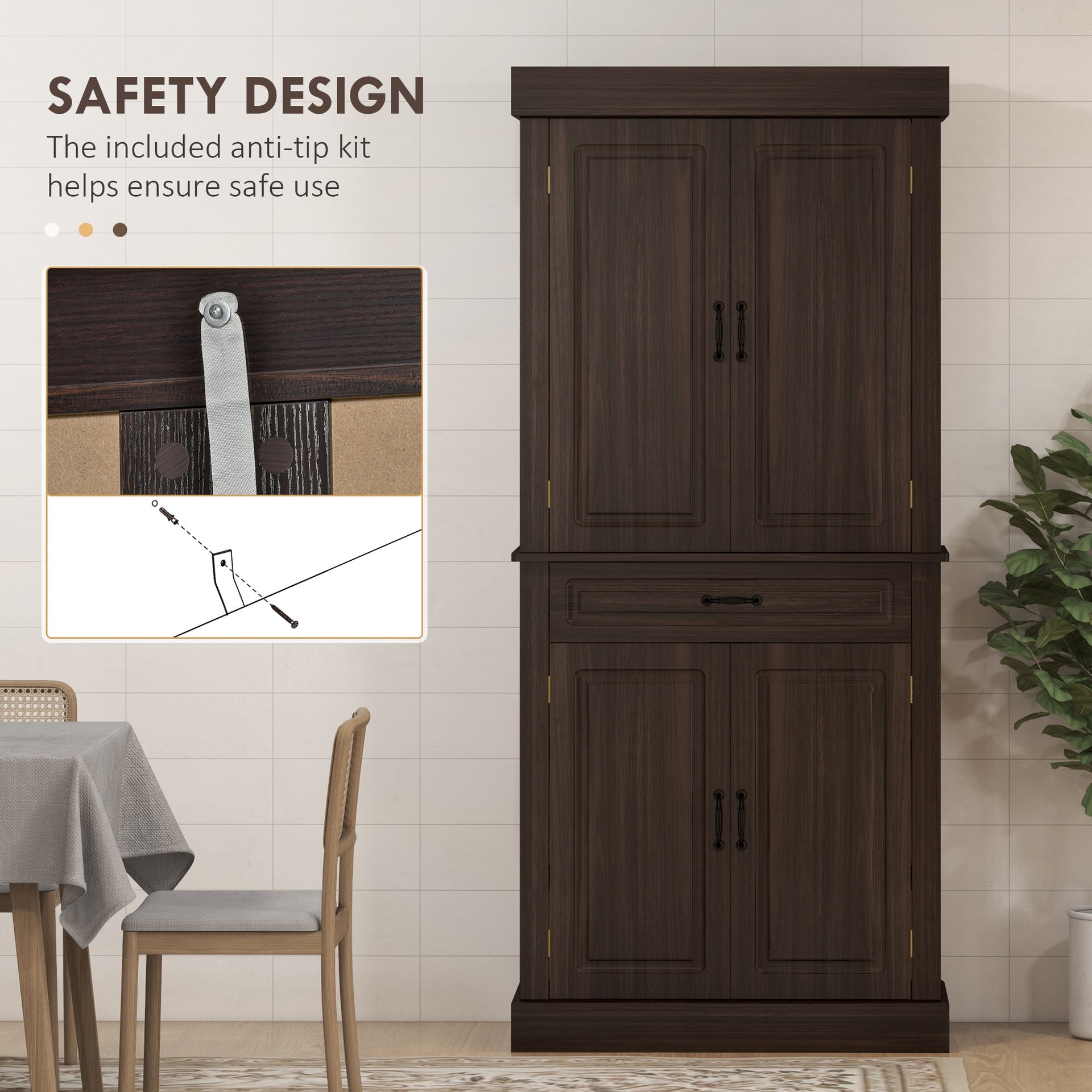 HOMCOM 71" Freestanding Kitchen Pantry with 4 Doors and 2 Large Cabinets, Tall Storage Cabinet with Drawer, Coffee