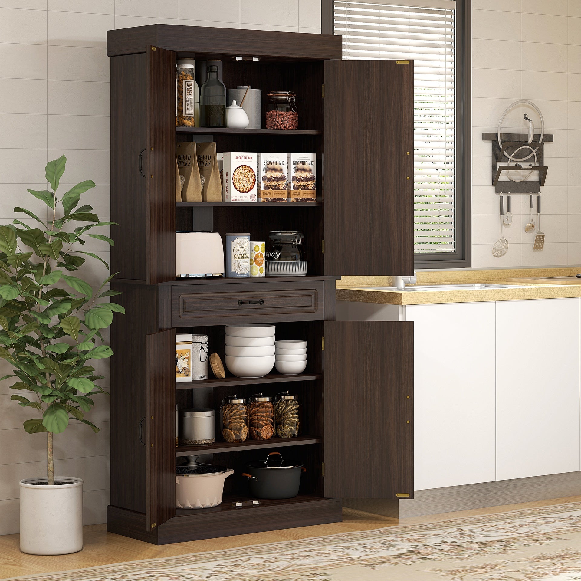 HOMCOM 71" Freestanding Kitchen Pantry with 4 Doors and 2 Large Cabinets, Tall Storage Cabinet with Drawer, Coffee