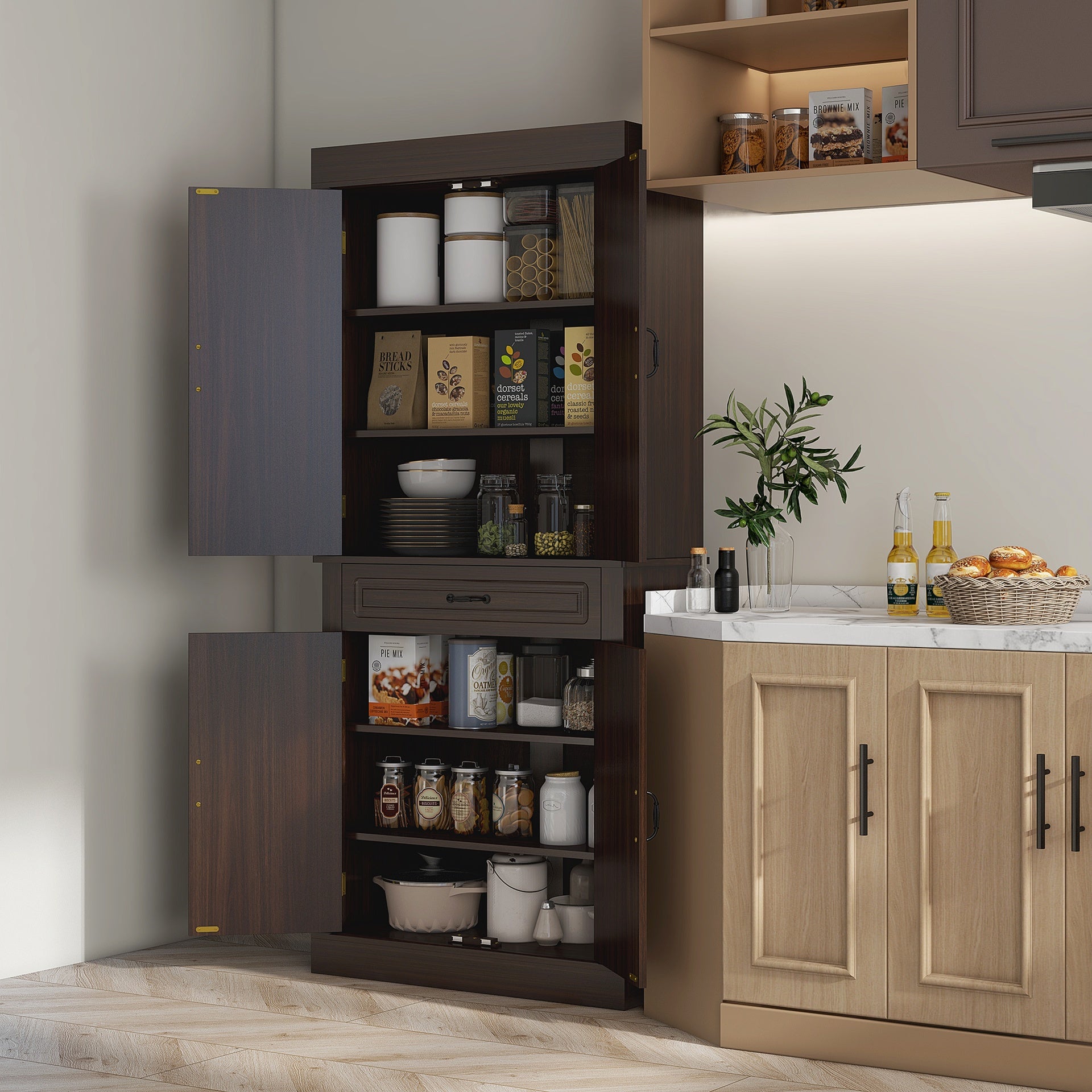 HOMCOM 71" Freestanding Kitchen Pantry with 4 Doors and 2 Large Cabinets, Tall Storage Cabinet with Drawer, Coffee