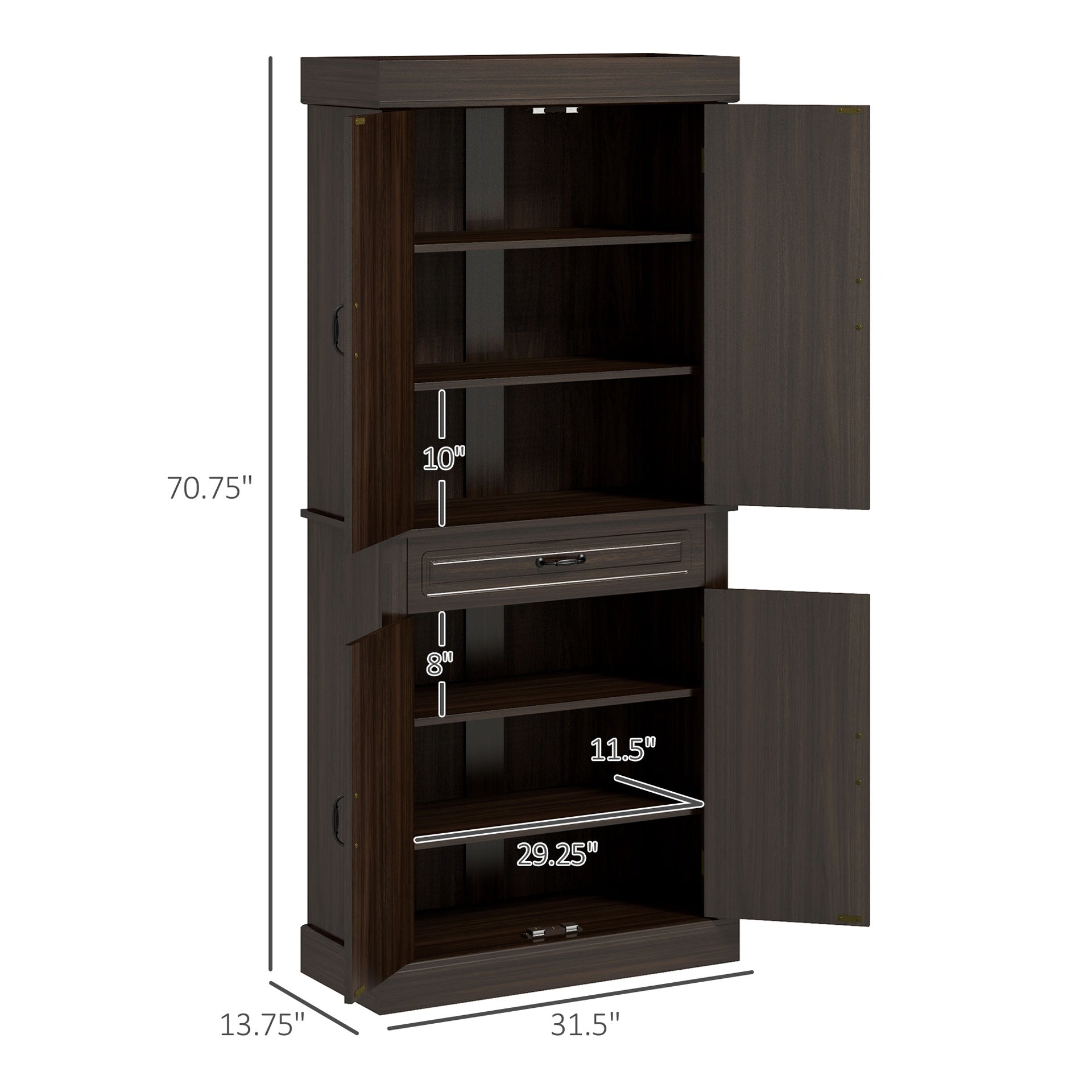 HOMCOM 71" Freestanding Kitchen Pantry with 4 Doors and 2 Large Cabinets, Tall Storage Cabinet with Drawer, Coffee