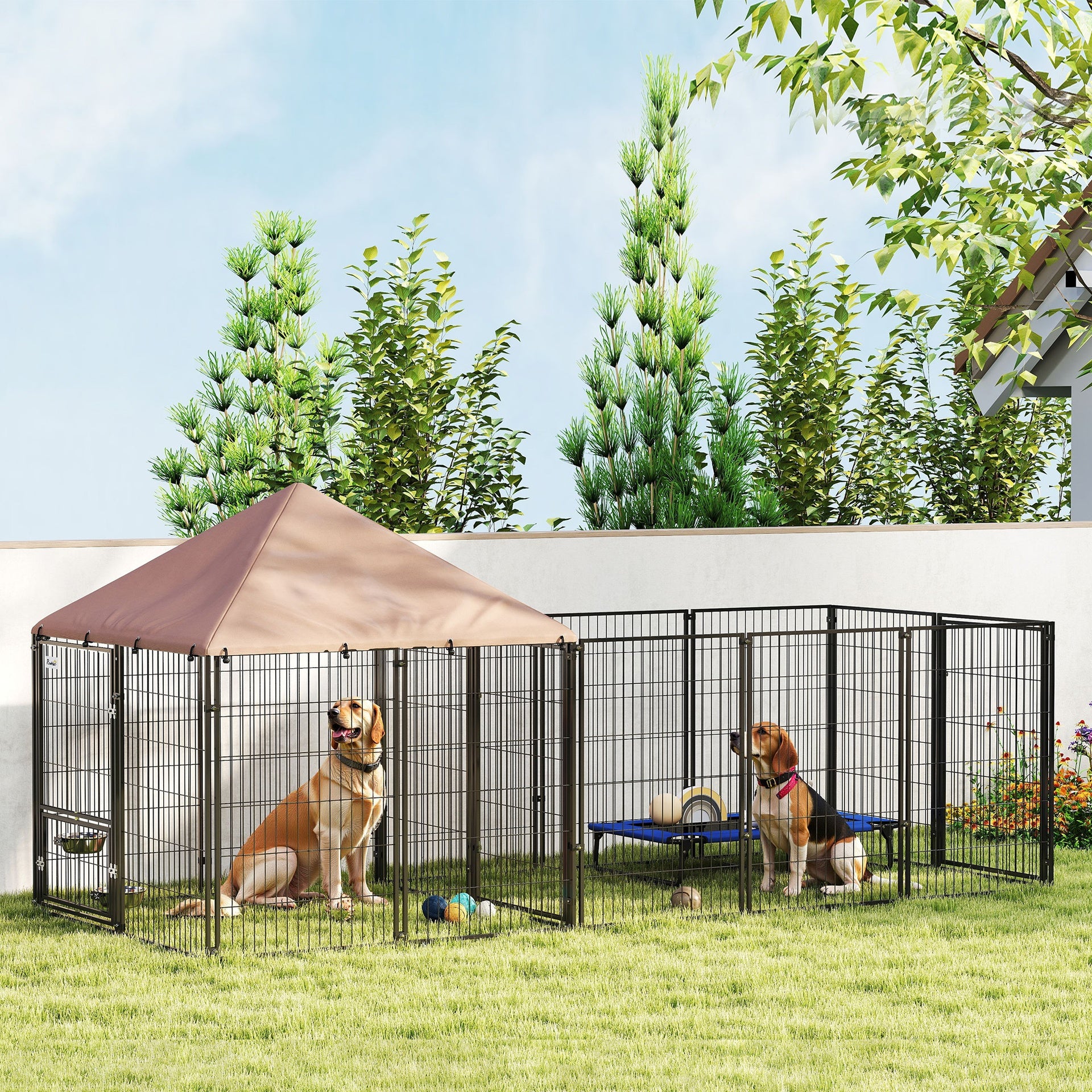 PawHut Large Outdoor Dog Kennel with Rotating & Adjustable Height Bowls, Waterproof & UV-Resistant Canopy, 11.3' x 4.7' x 5.1'