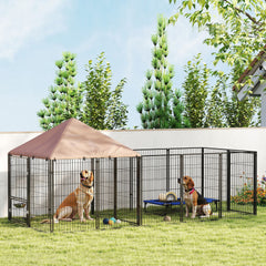 PawHut Large Outdoor Dog Kennel with Rotating & Adjustable Height Bowls, Waterproof & UV-Resistant Canopy, 11.3' x 4.7' x 5.1'
