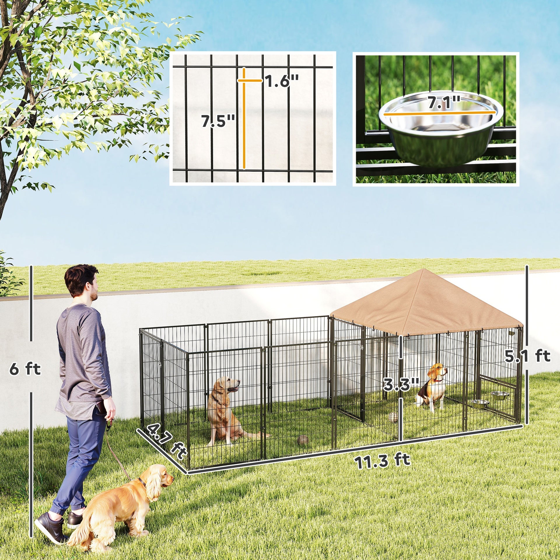 PawHut Large Outdoor Dog Kennel with Rotating & Adjustable Height Bowls, Waterproof & UV-Resistant Canopy, 11.3' x 4.7' x 5.1'