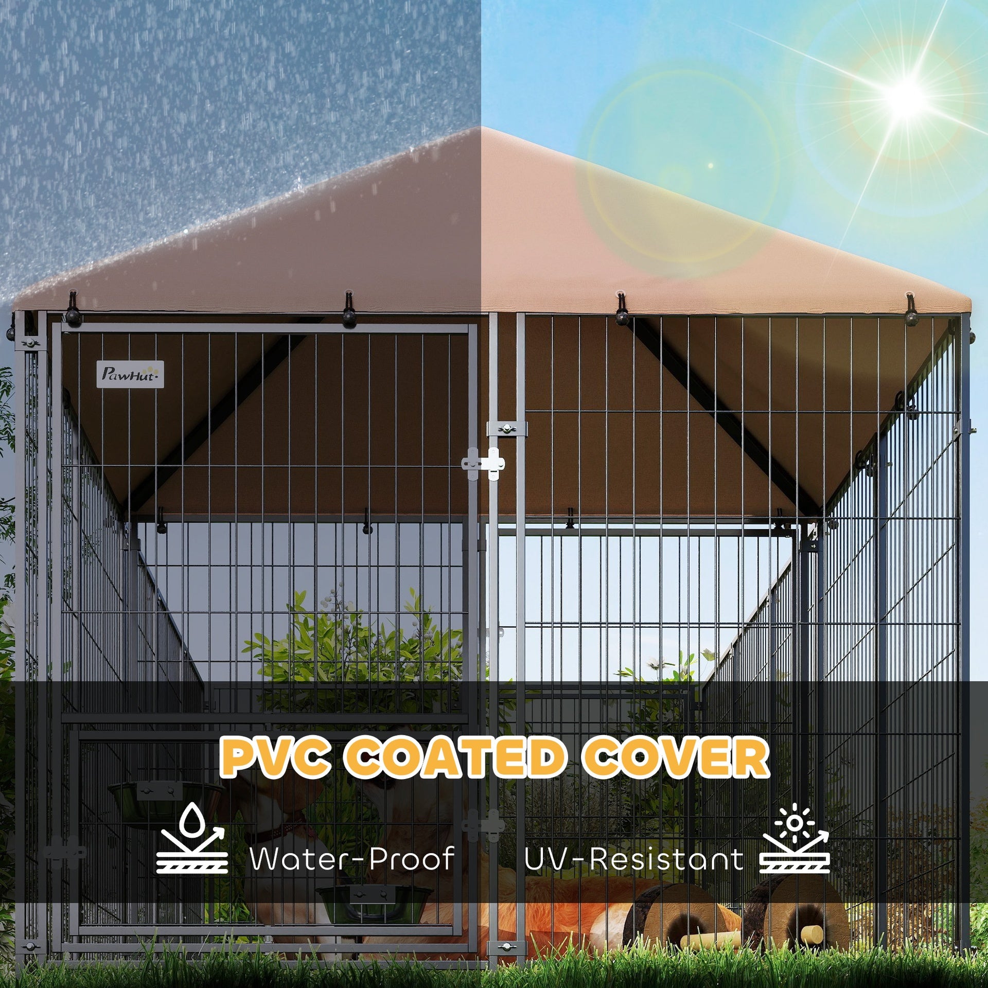 PawHut Large Outdoor Dog Kennel with Rotating & Adjustable Height Bowls, Waterproof & UV-Resistant Canopy, 11.3' x 4.7' x 5.1'