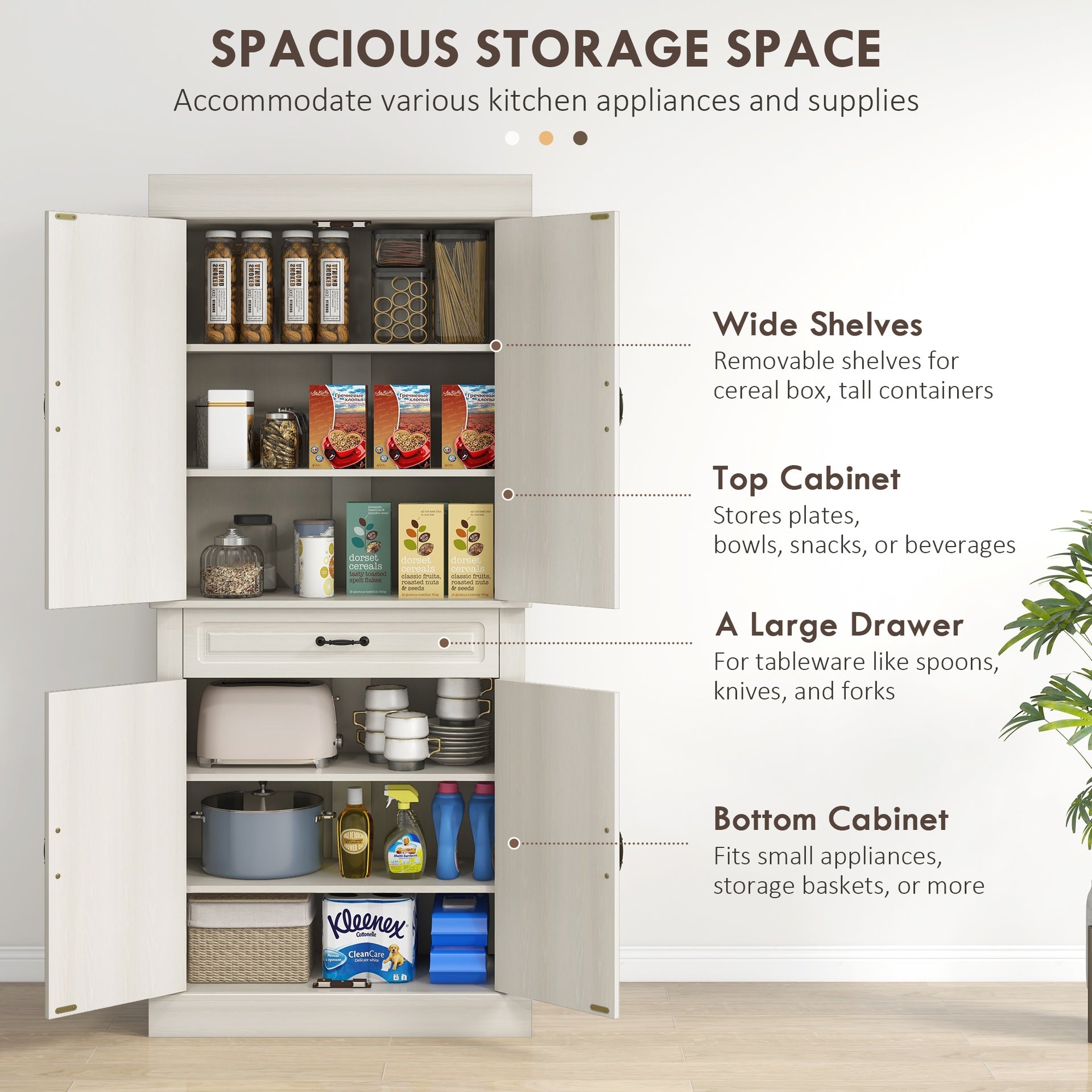 HOMCOM 71" Freestanding Kitchen Pantry with 4 Doors and 2 Large Cabinets, Tall Storage Cabinet with Drawer, Distressed White