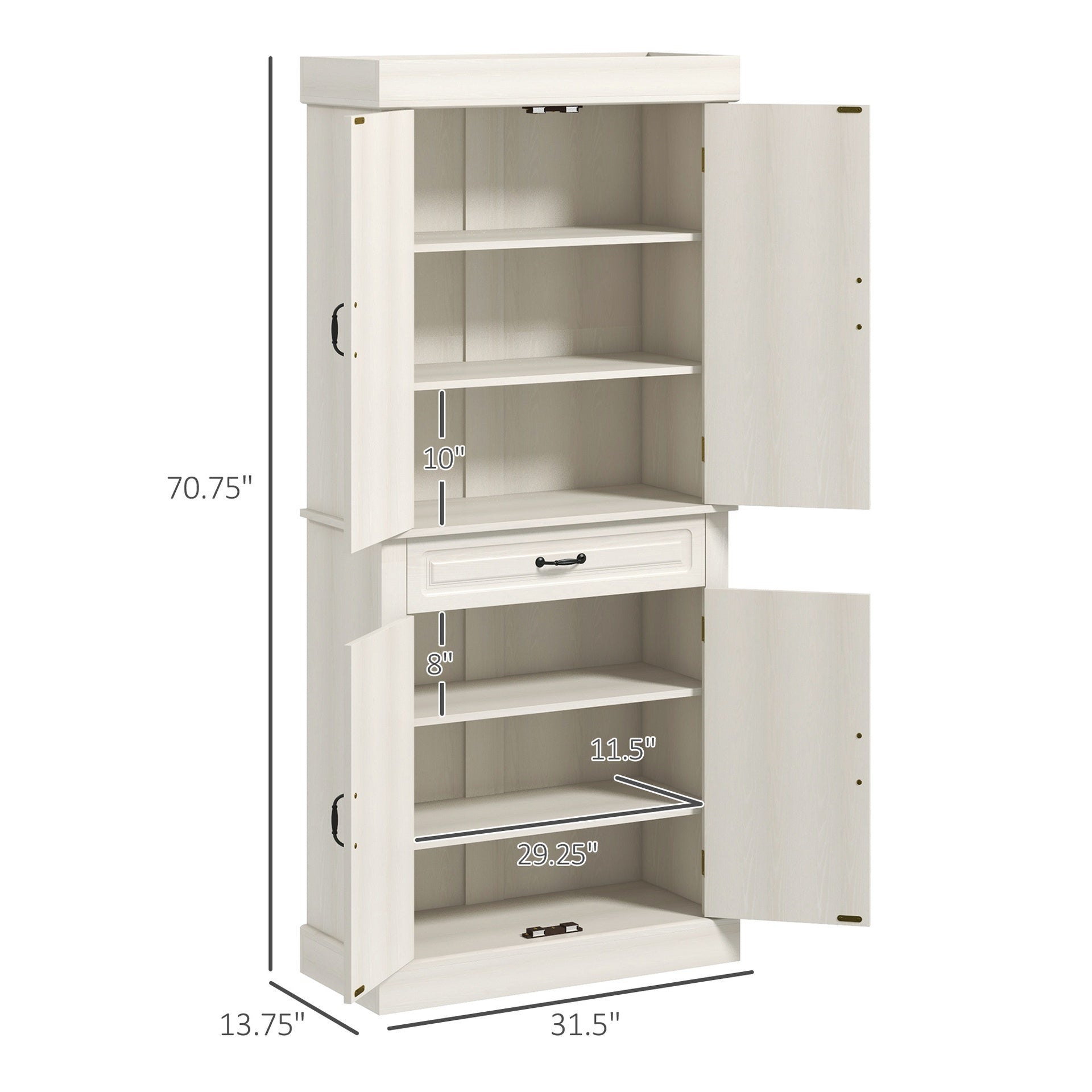 HOMCOM 71" Freestanding Kitchen Pantry with 4 Doors and 2 Large Cabinets, Tall Storage Cabinet with Drawer, Distressed White