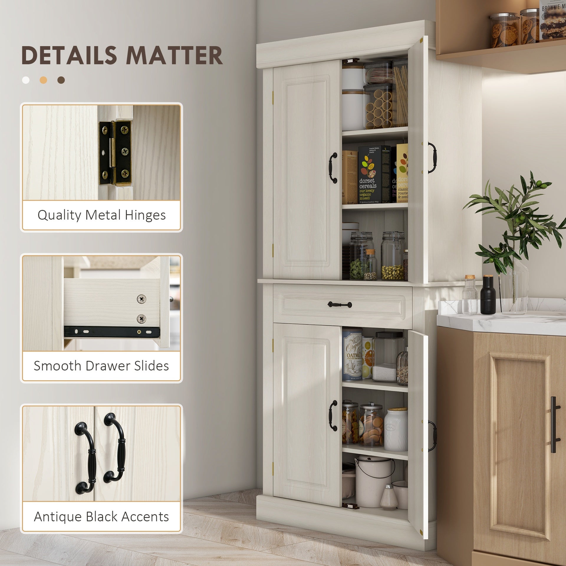 HOMCOM 71" Freestanding Kitchen Pantry with 4 Doors and 2 Large Cabinets, Tall Storage Cabinet with Drawer, Distressed White