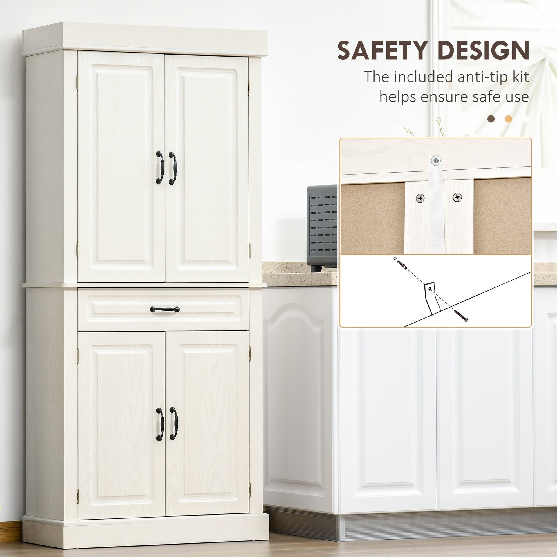 HOMCOM 71" Freestanding Kitchen Pantry with 4 Doors and 2 Large Cabinets, Tall Storage Cabinet with Drawer, Distressed White
