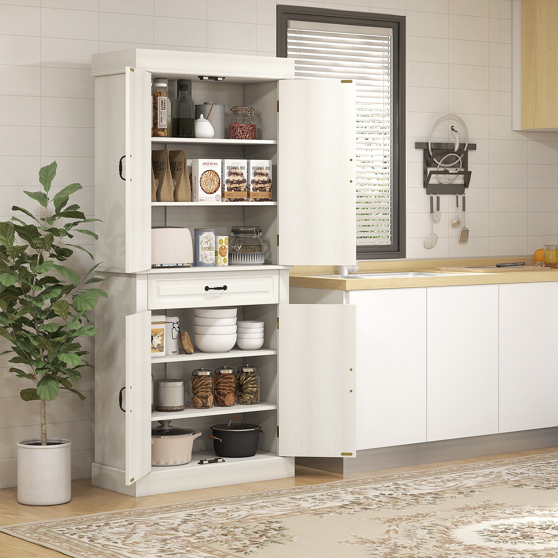 HOMCOM 71" Freestanding Kitchen Pantry with 4 Doors and 2 Large Cabinets, Tall Storage Cabinet with Drawer, Distressed White