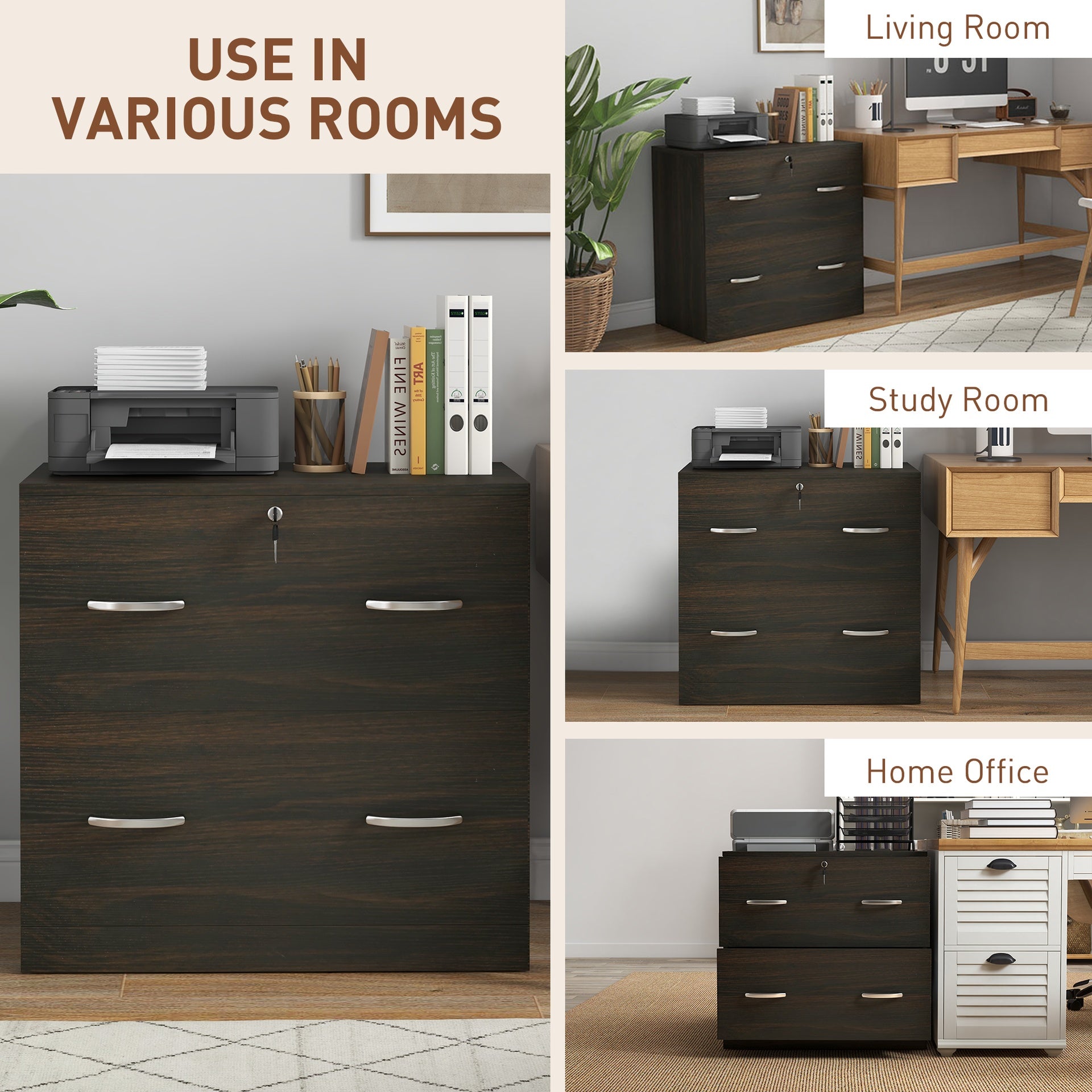 Vinsetto 2-Drawer File Cabinet with Lock and Keys, Lateral Storage Filing Cabinet with Hanging Bar for Letter Size, Home Office, Walnut